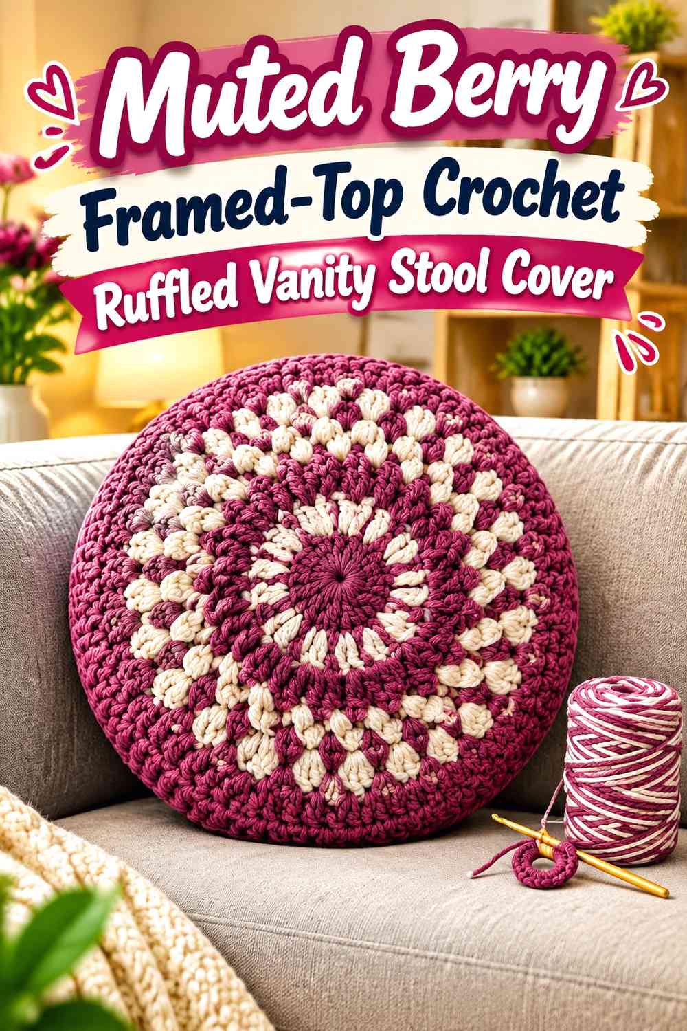 Muted Berry Framed-Top Crochet Ruffled Vanity Stool Cover