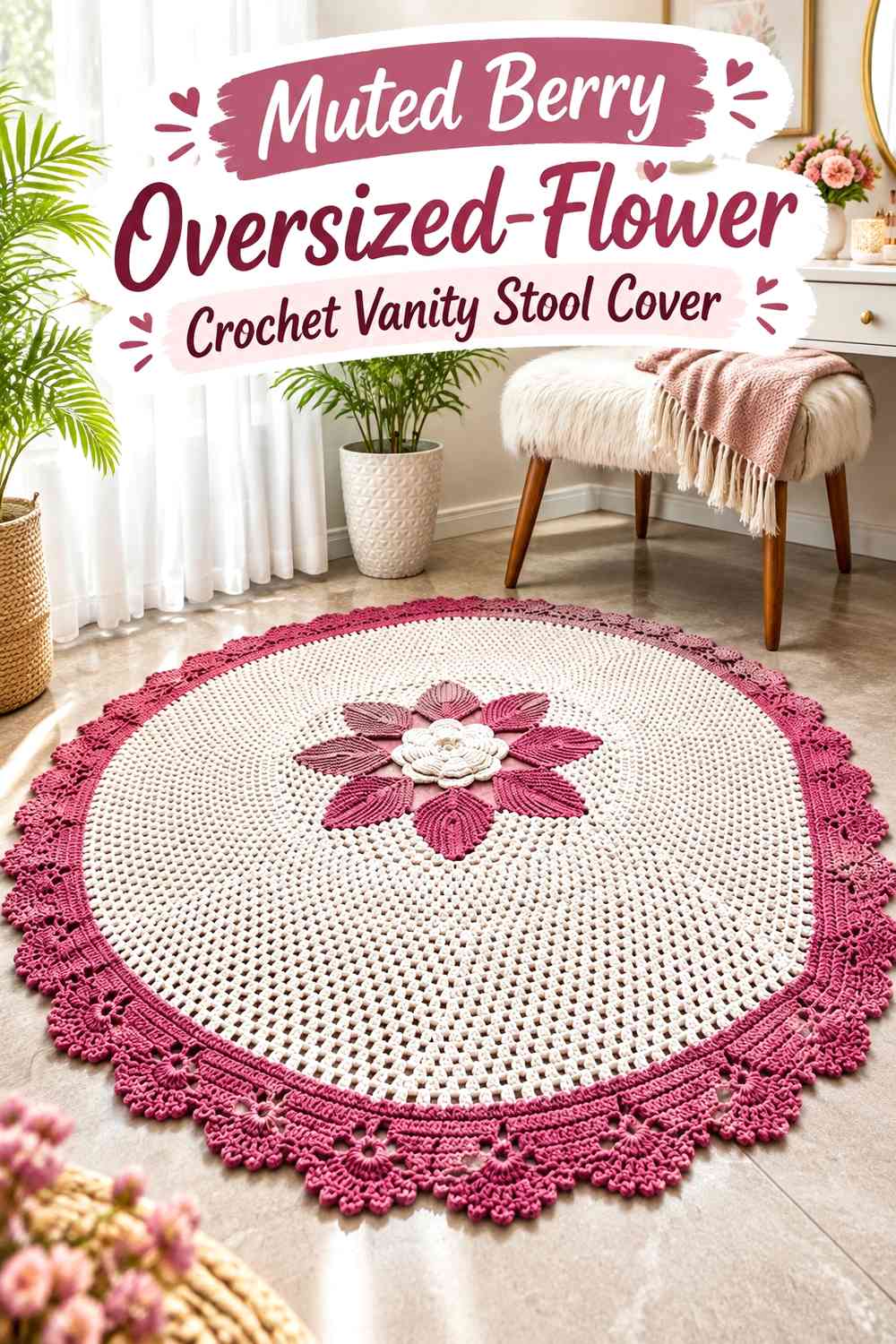 Muted Berry Oversized-Flower Crochet Vanity Stool Cover
