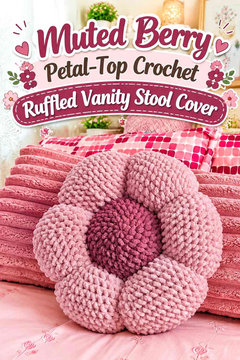 Muted Berry Petal-Top Crochet Ruffled Vanity Stool Cover