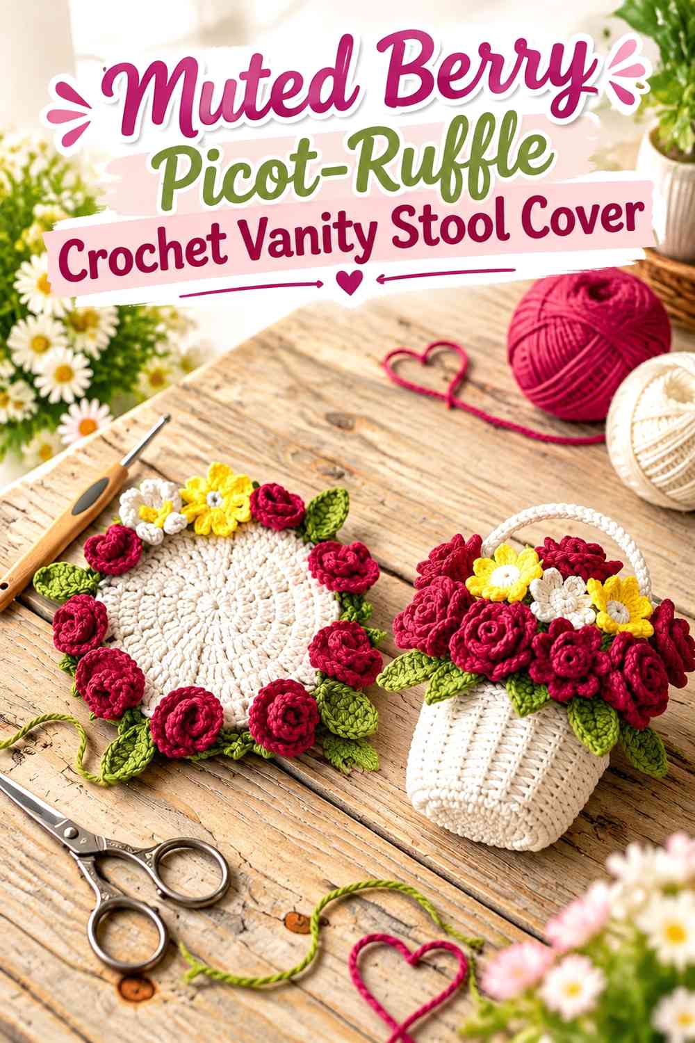 Muted Berry Picot-Ruffle Crochet Vanity Stool Cover