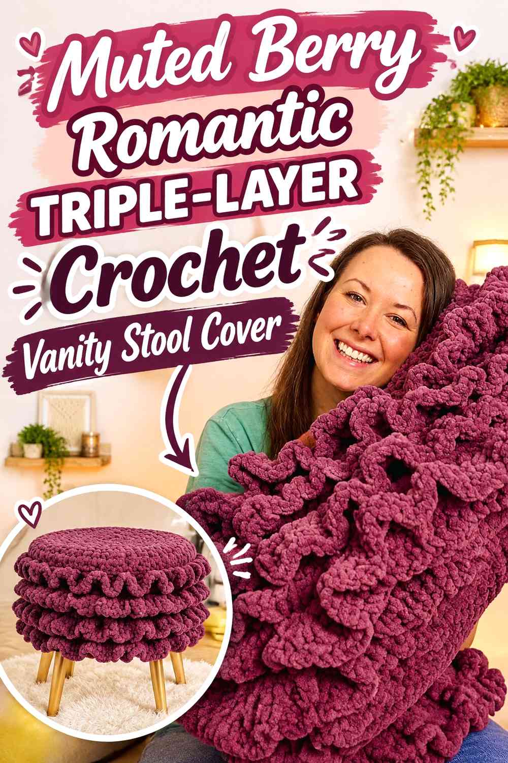 Muted Berry Romantic Triple-Layer Crochet Vanity Stool Cover