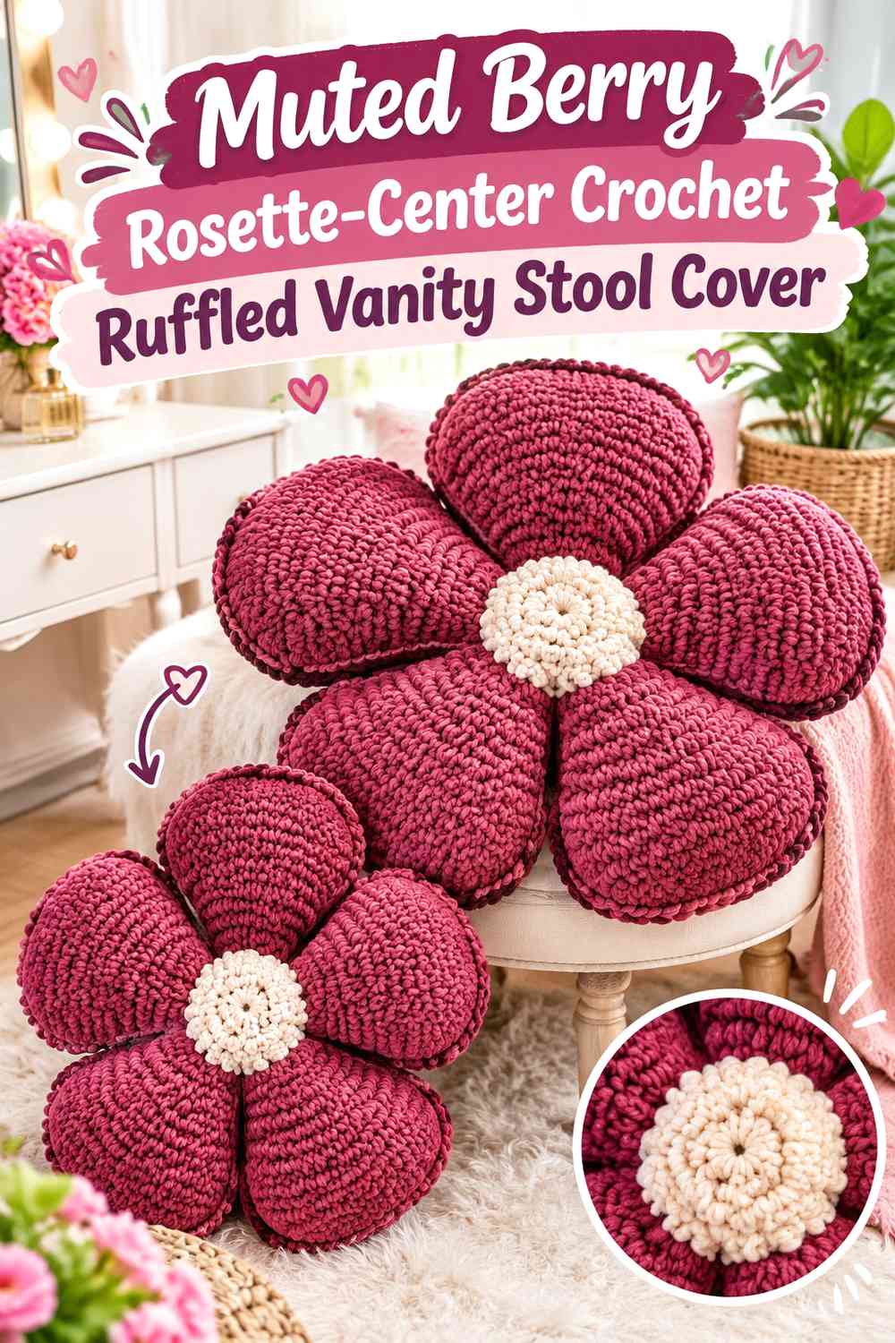 Muted Berry Rosette-Center Crochet Ruffled Vanity Stool Cover