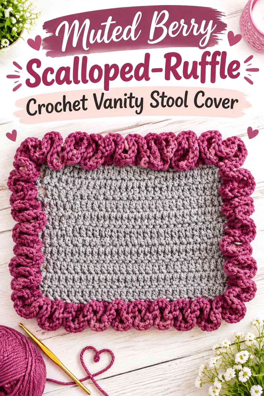 Muted Berry Scalloped-Ruffle Crochet Vanity Stool Cover