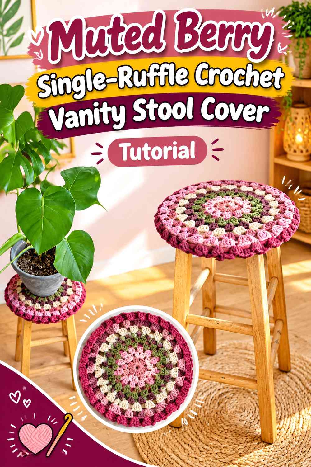 Muted Berry Single-Ruffle Crochet Vanity Stool Cover