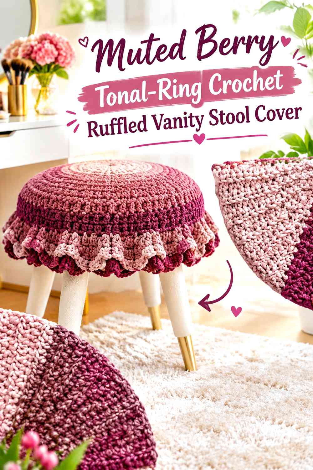Muted Berry Tonal-Ring Crochet Ruffled Vanity Stool Cover
