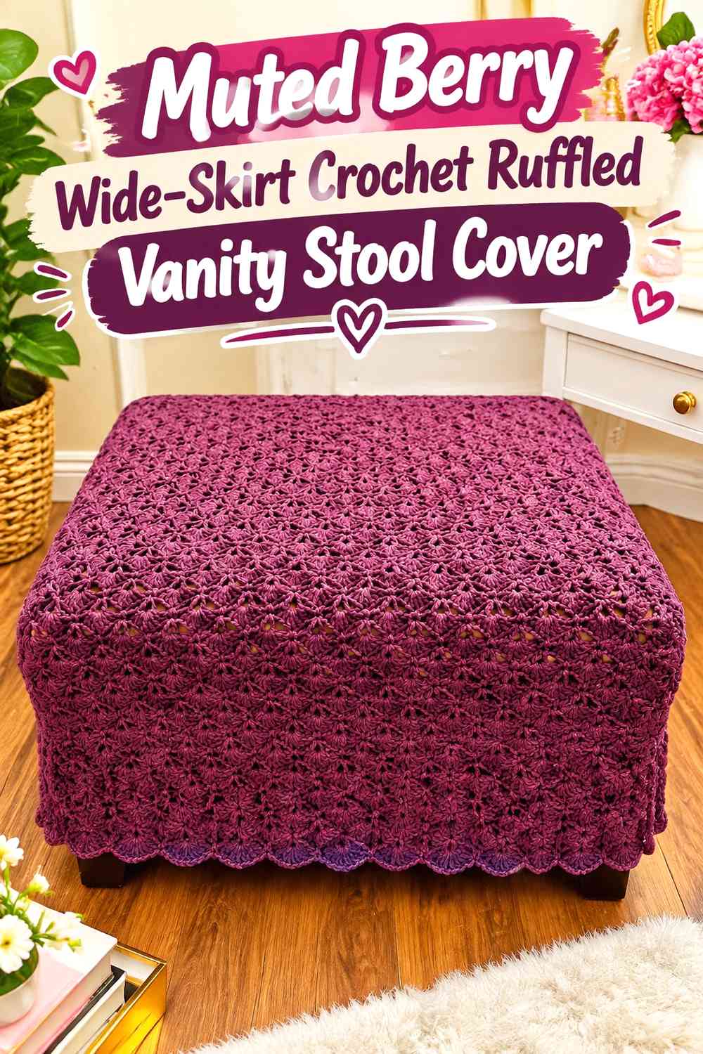 Muted Berry Wide-Skirt Crochet Ruffled Vanity Stool Cover