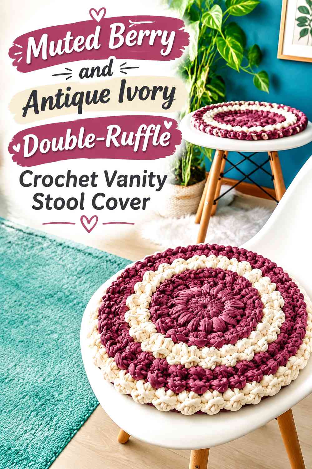 Muted Berry and Antique Ivory Double-Ruffle Crochet Vanity Stool Cover