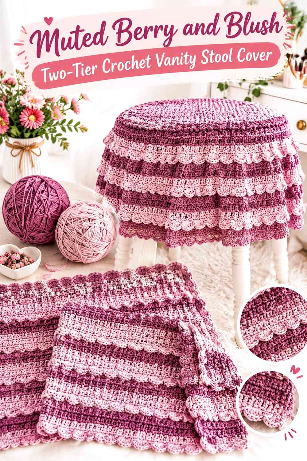 Muted Berry and Blush Two-Tier Crochet Vanity Stool Cover