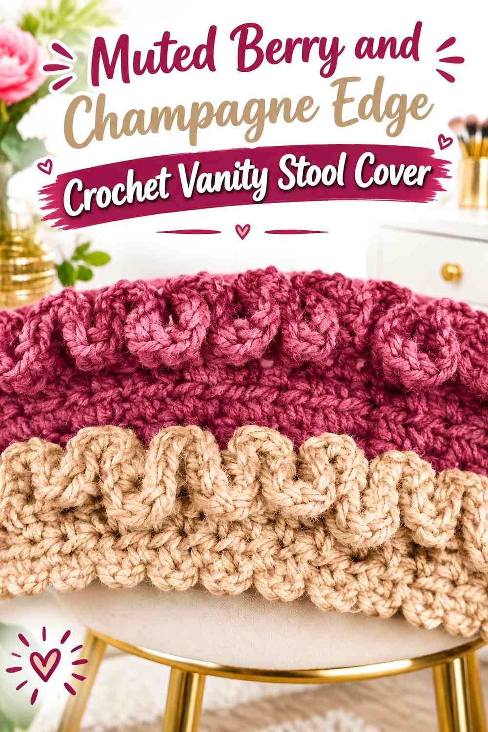 Muted Berry and Champagne Edge Crochet Vanity Stool Cover