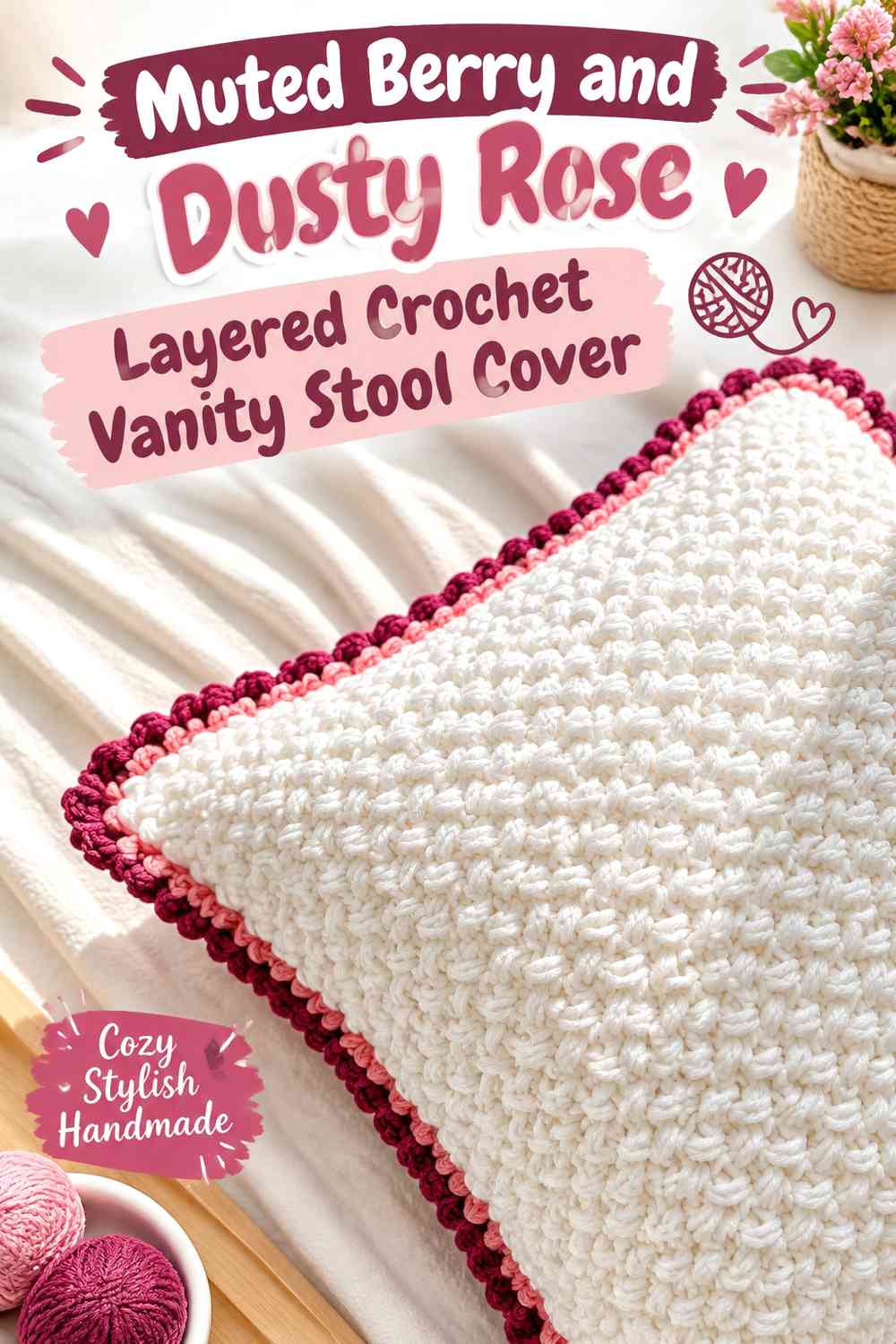 Muted Berry and Dusty Rose Layered Crochet Vanity Stool Cover