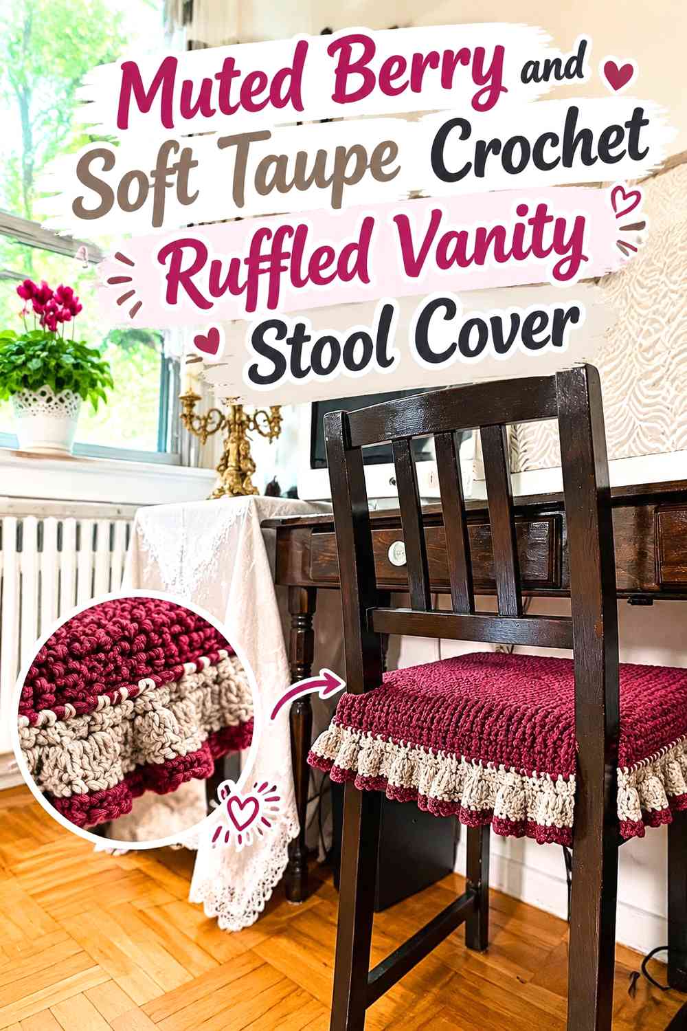 Muted Berry and Soft Taupe Crochet Ruffled Vanity Stool Cover