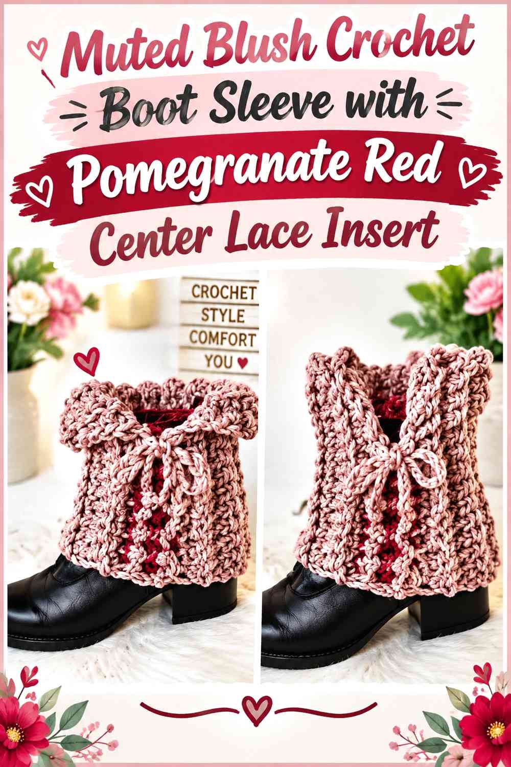 Muted Blush Crochet Boot Sleeve with Pomegranate Red Center Lace Insert