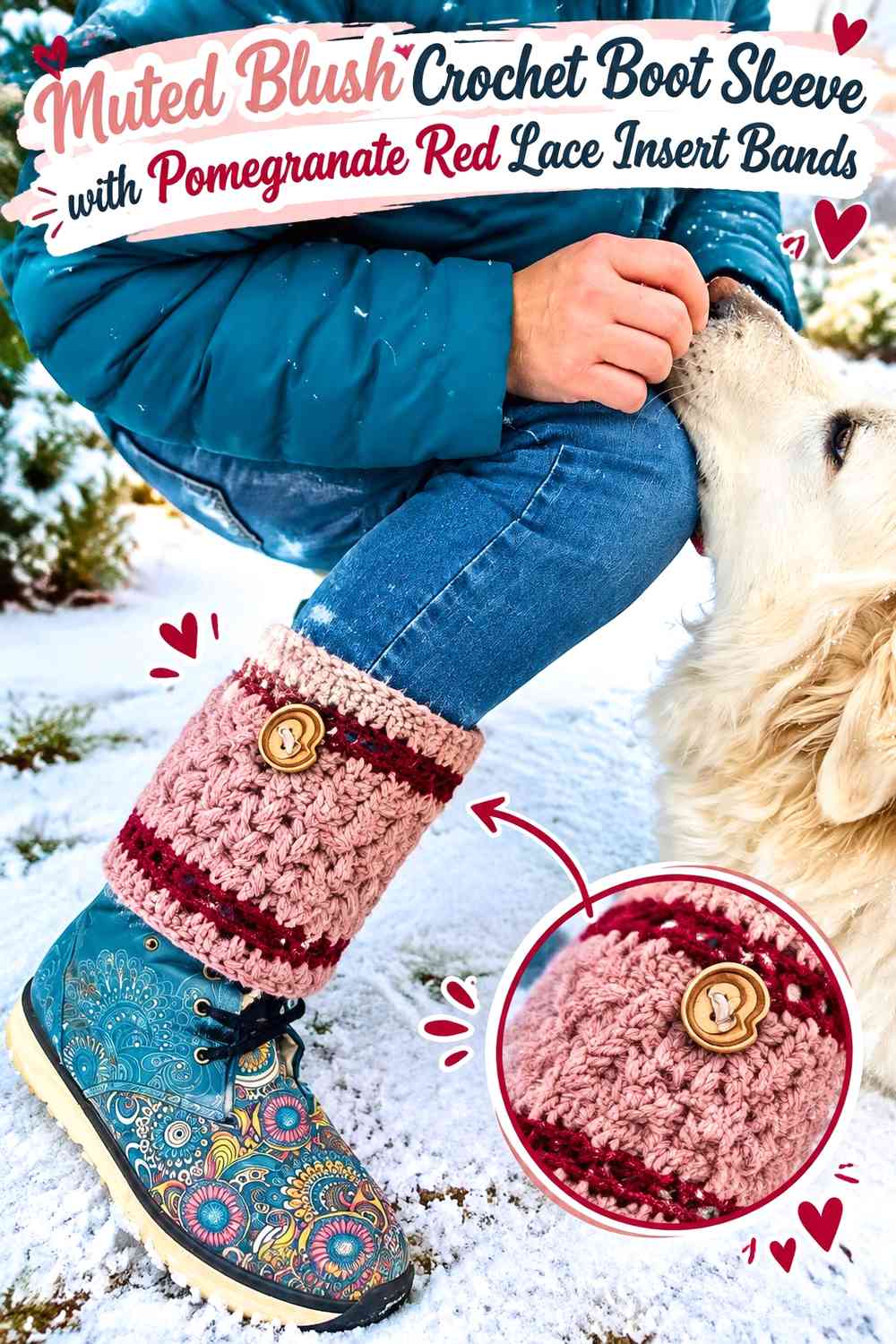 Muted Blush Crochet Boot Sleeve with Pomegranate Red Lace Insert Bands
