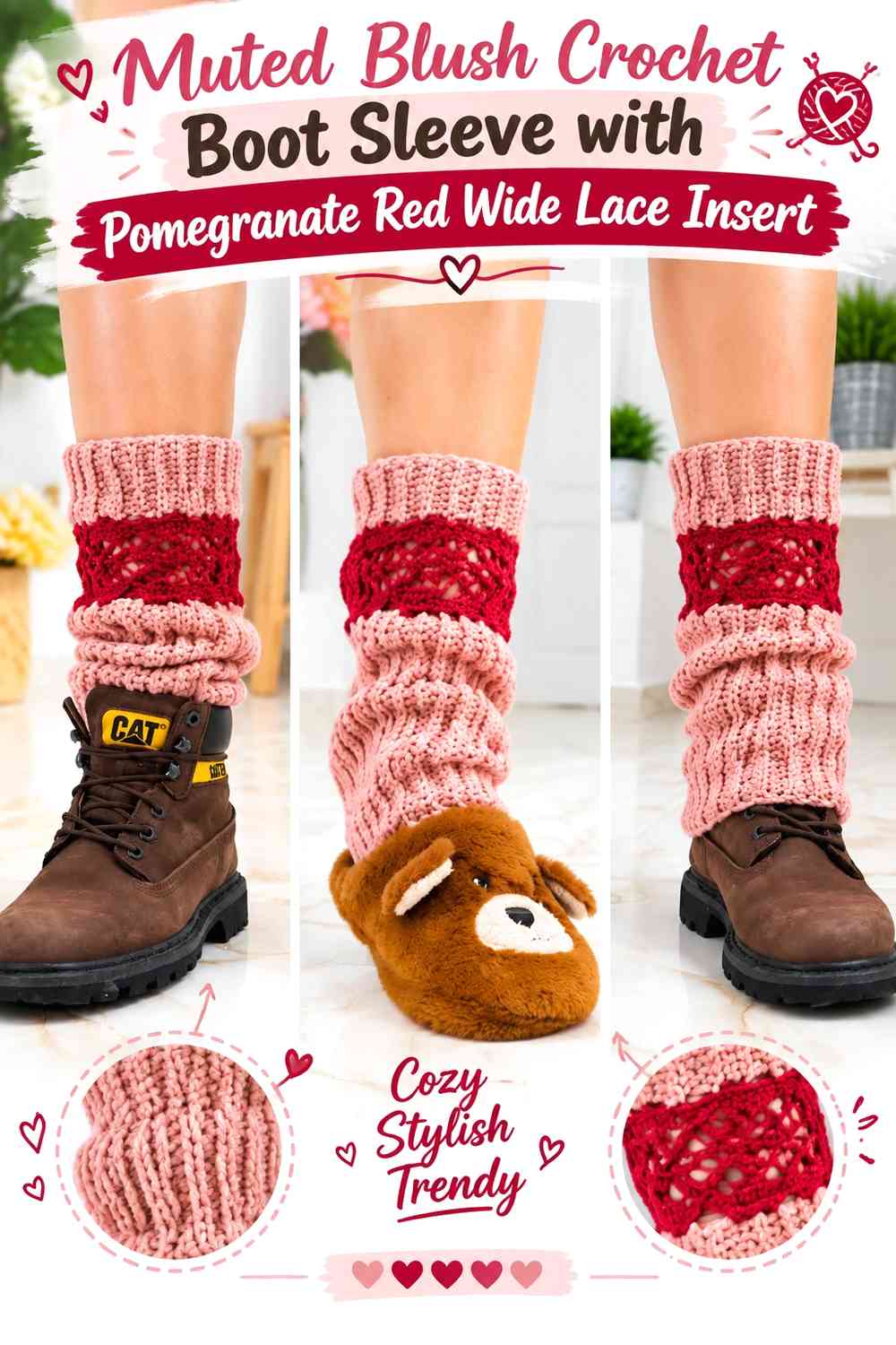 Muted Blush Crochet Boot Sleeve with Pomegranate Red Wide Lace Insert
