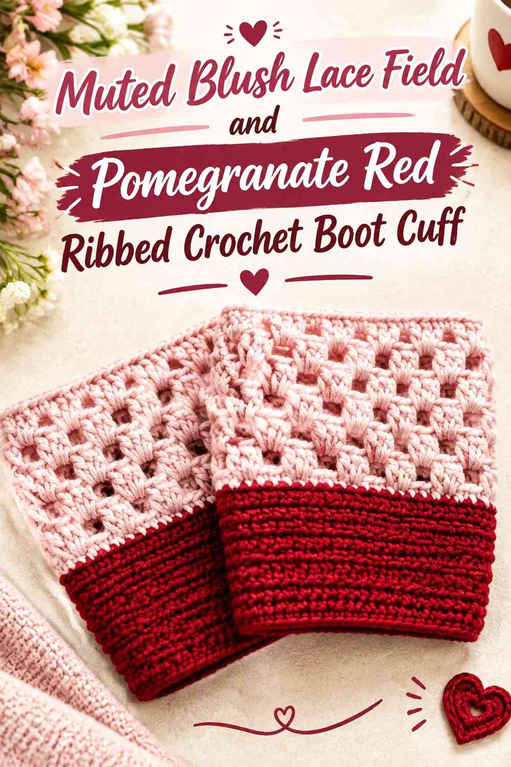 Muted Blush Lace Field and Pomegranate Red Ribbed Crochet Boot Cuff