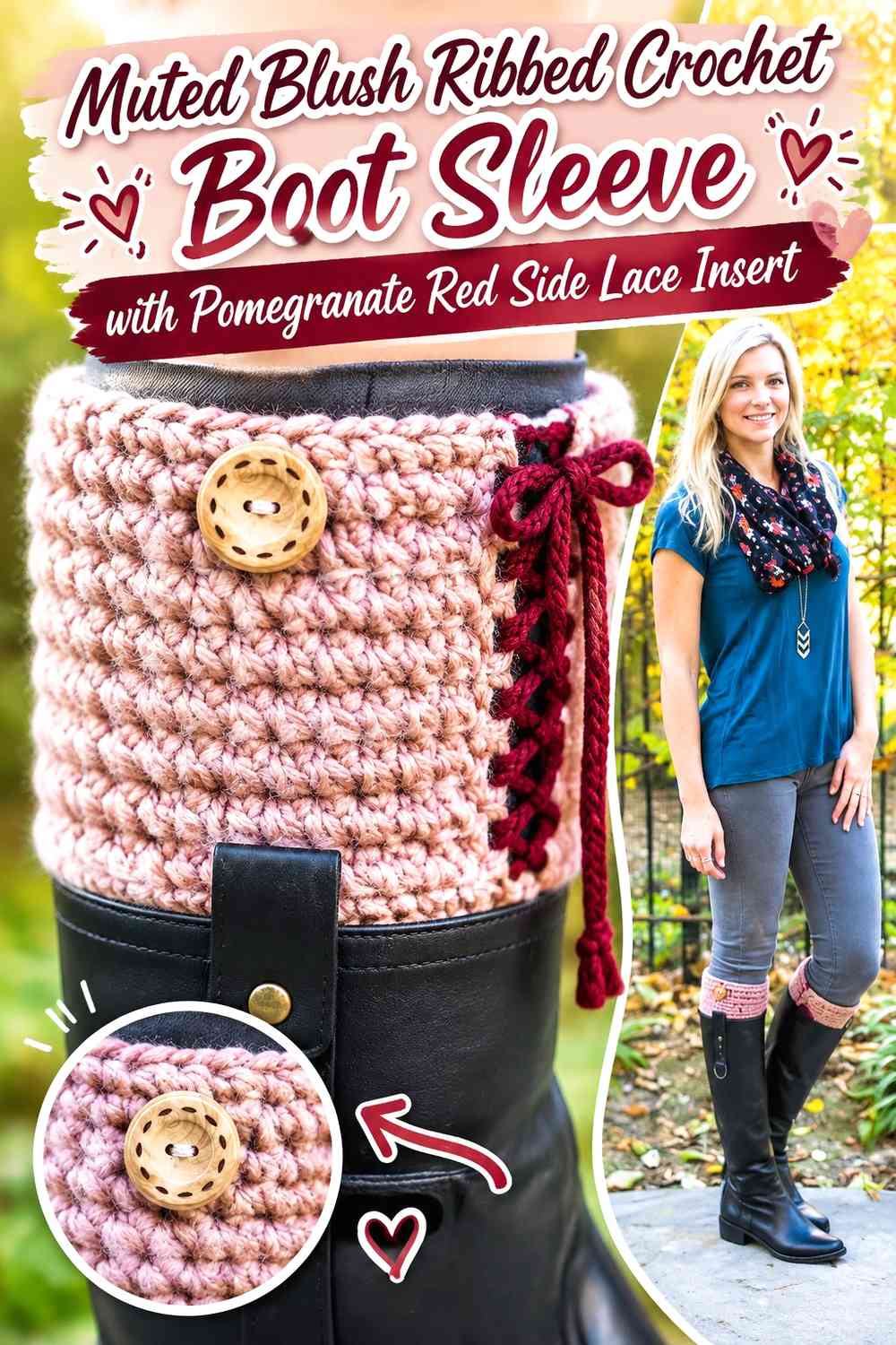 Muted Blush Ribbed Crochet Boot Sleeve with Pomegranate Red Side Lace Insert