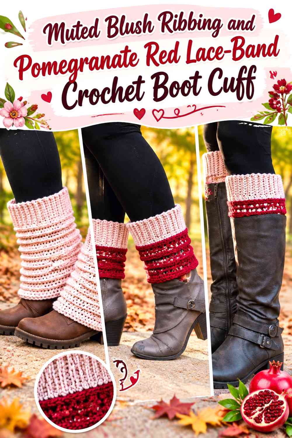 Muted Blush Ribbing and Pomegranate Red Lace-Band Crochet Boot Cuff