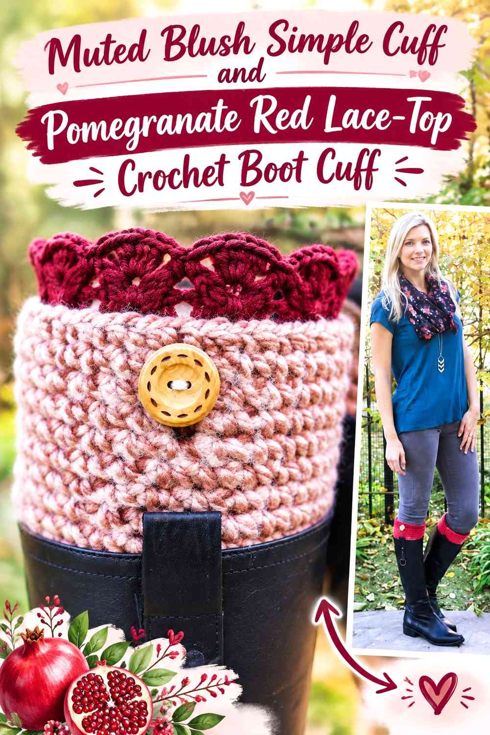 Muted Blush Simple Cuff and Pomegranate Red Lace-Top Crochet Boot Cuff
