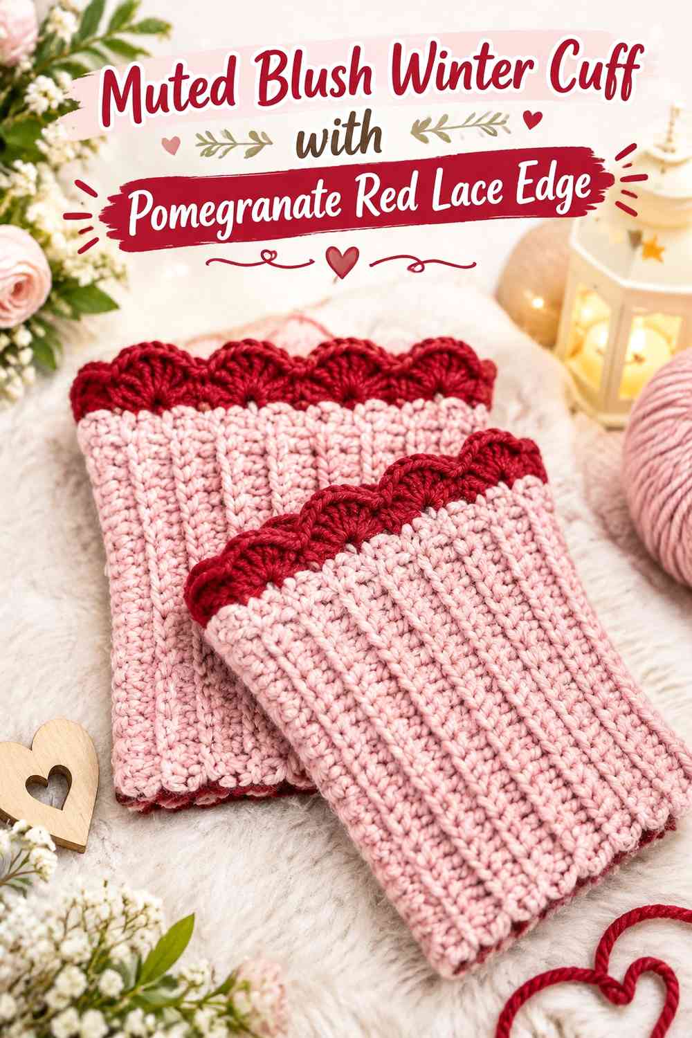 Muted Blush Winter Cuff with Pomegranate Red Lace Edge