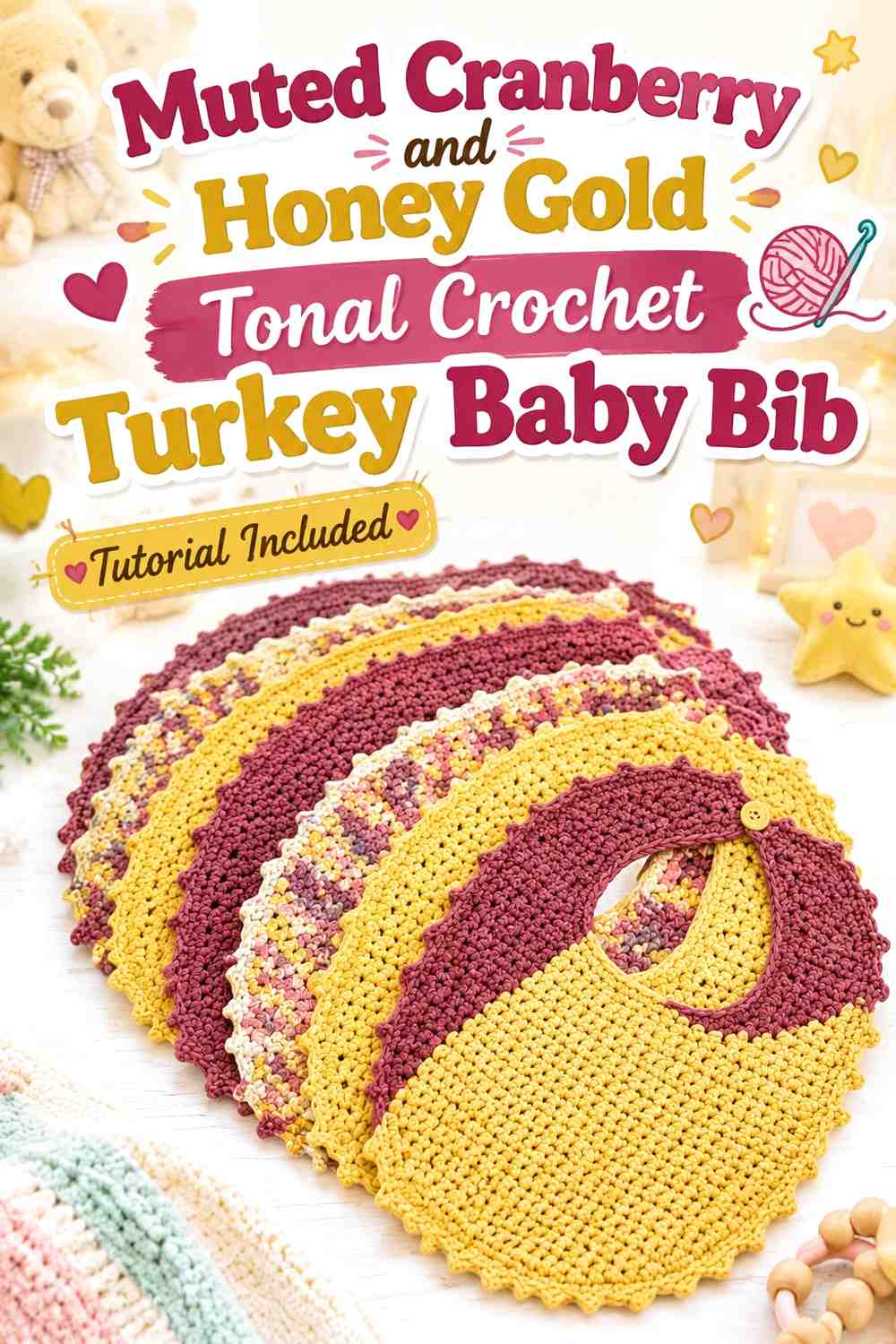 Muted Cranberry and Honey Gold Tonal Crochet Turkey Baby Bib