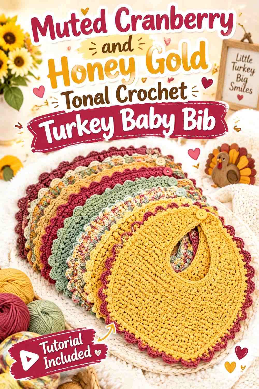 Muted Cranberry and Honey Gold Tonal Crochet Turkey Baby Bib