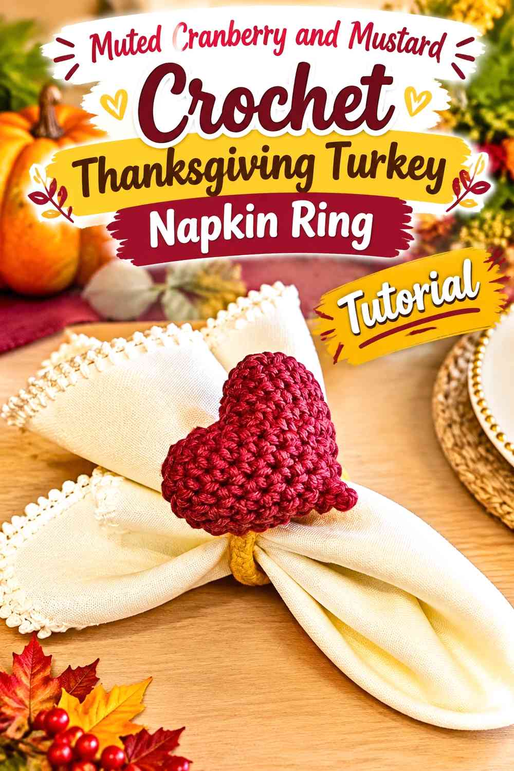 Muted Cranberry and Mustard Crochet Thanksgiving Turkey Napkin Ring