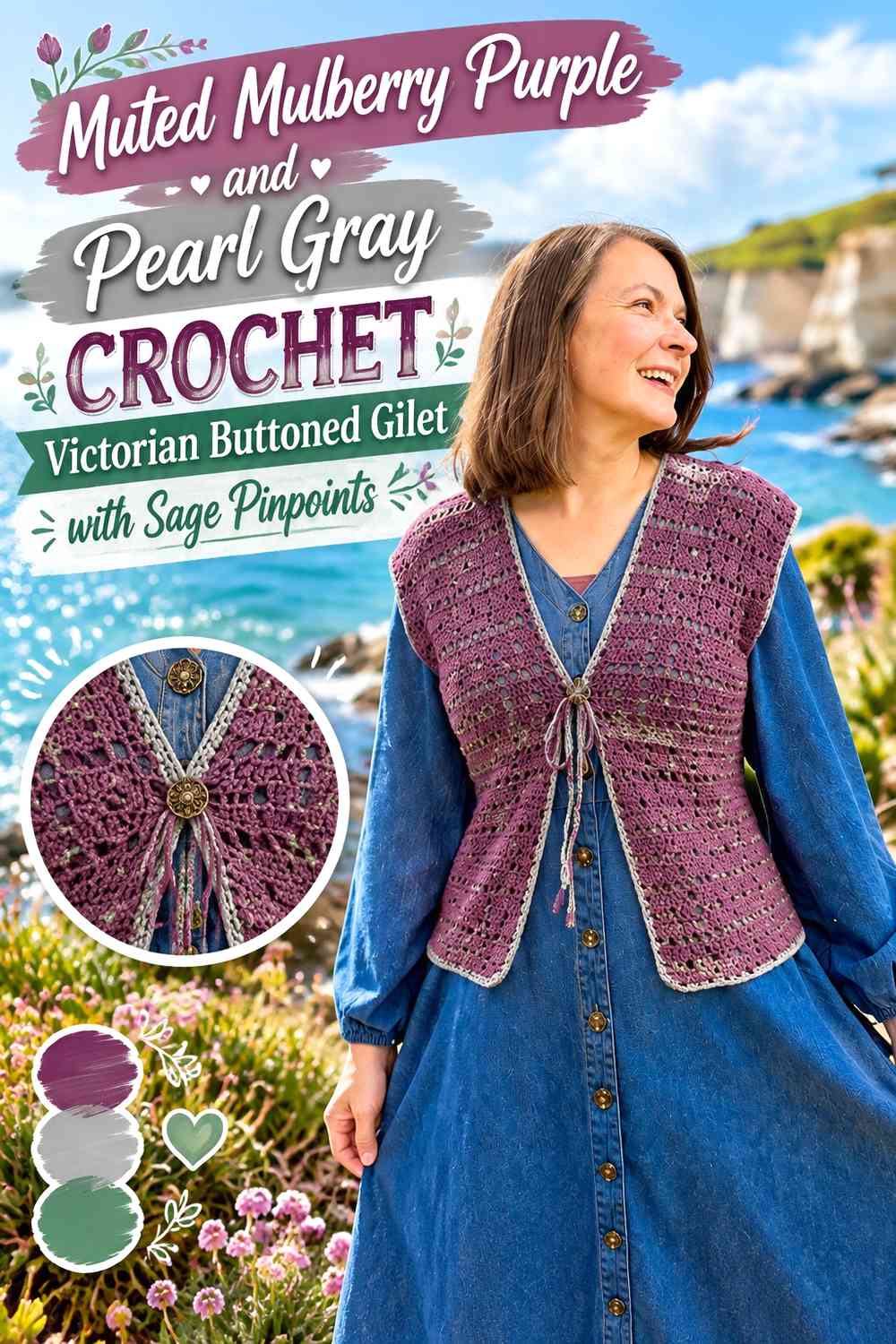 Muted Mulberry Purple and Pearl Gray Crochet Victorian Buttoned Gilet with Sage Pinpoints
