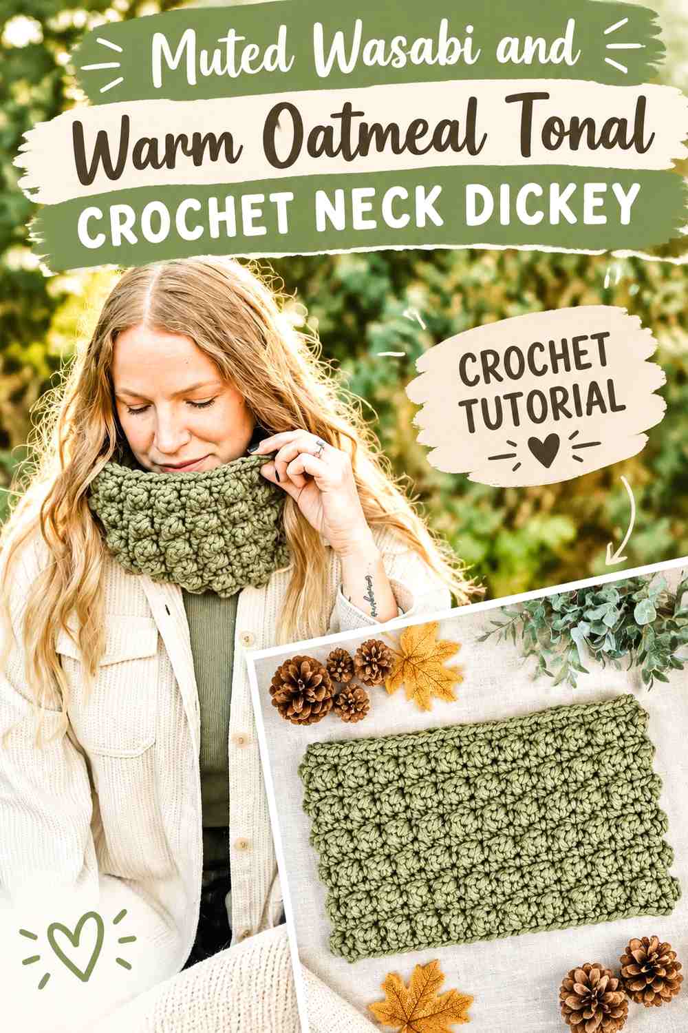 Muted Wasabi and Warm Oatmeal Tonal Crochet Neck Dickey
