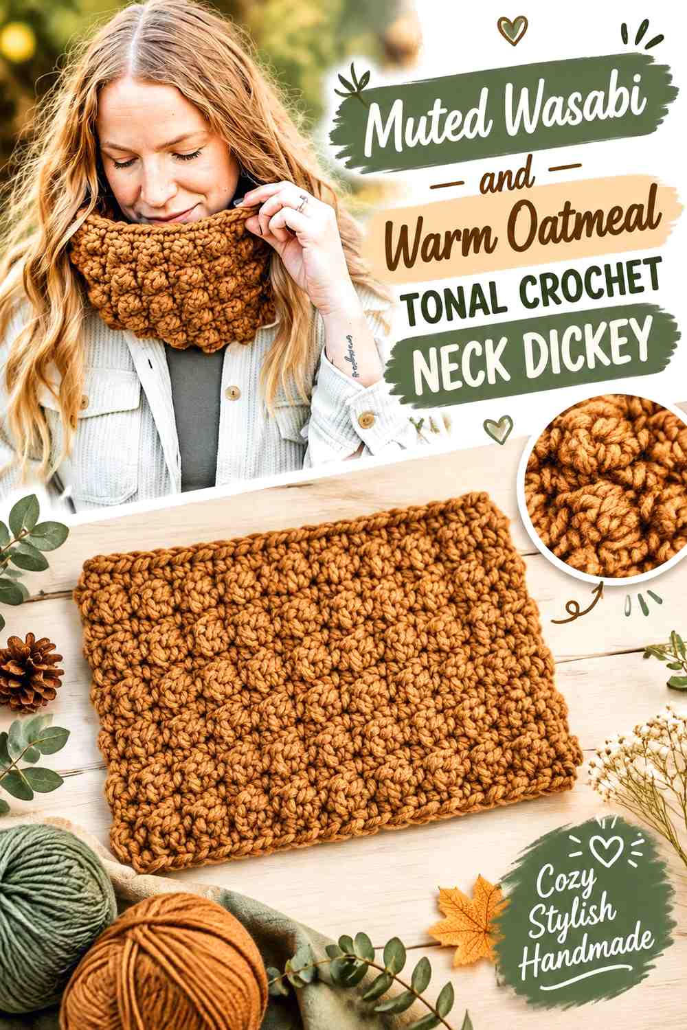 Muted Wasabi and Warm Oatmeal Tonal Crochet Neck Dickey