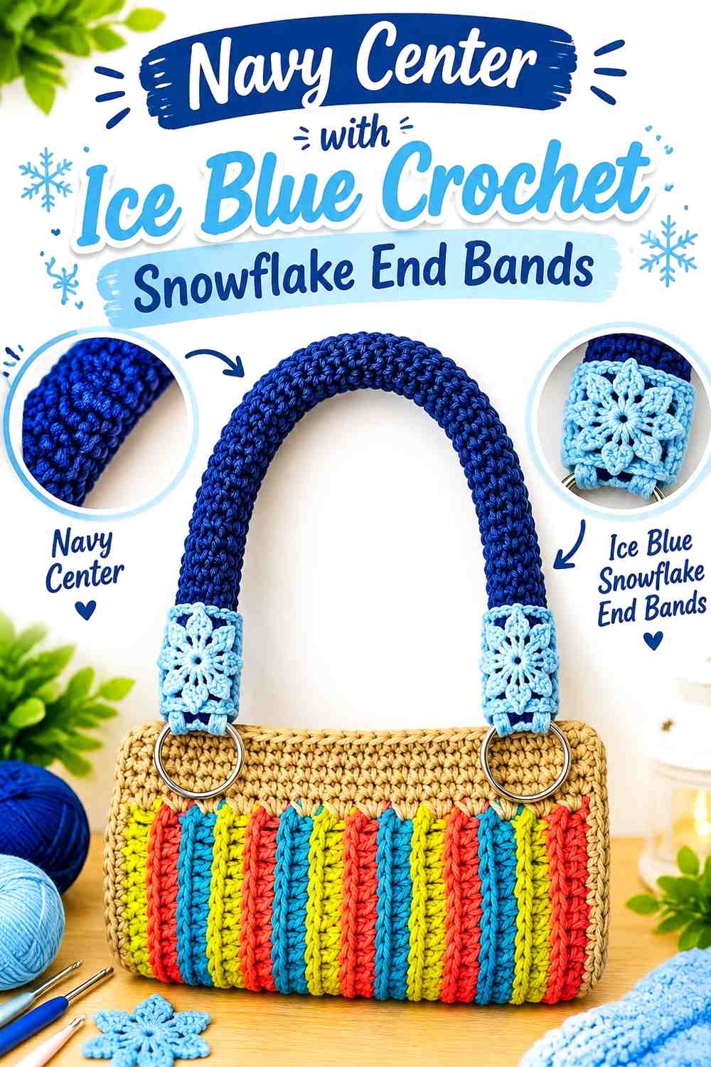 Navy Center with Ice Blue Crochet Snowflake End Bands