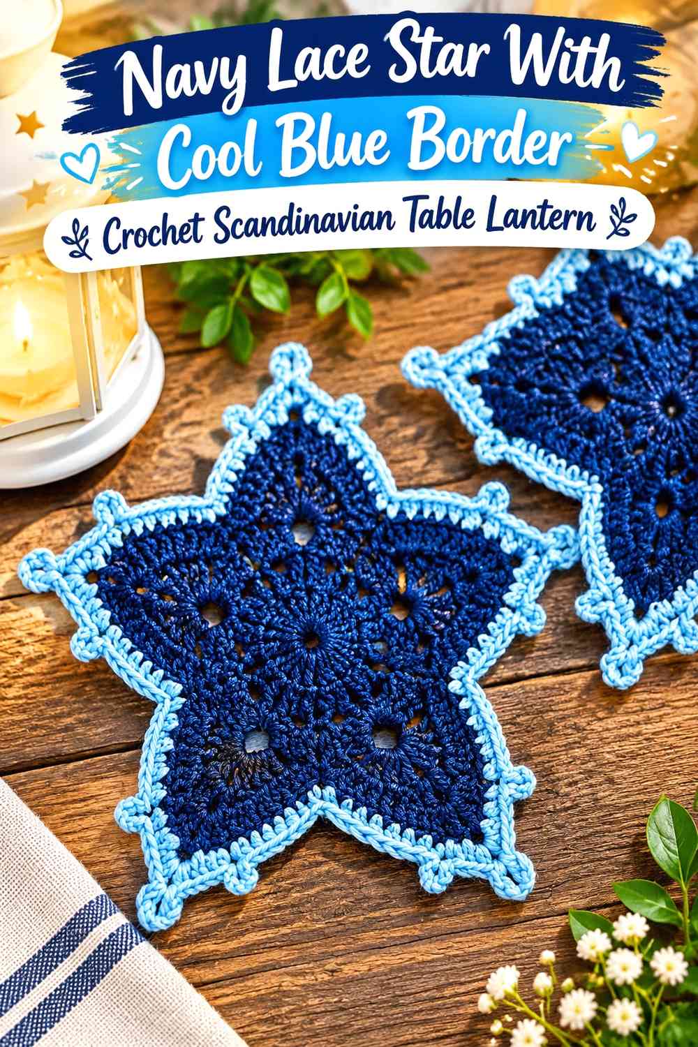 Navy Lace Star With Cool Blue Border Crochet Scandinavian Table Lantern