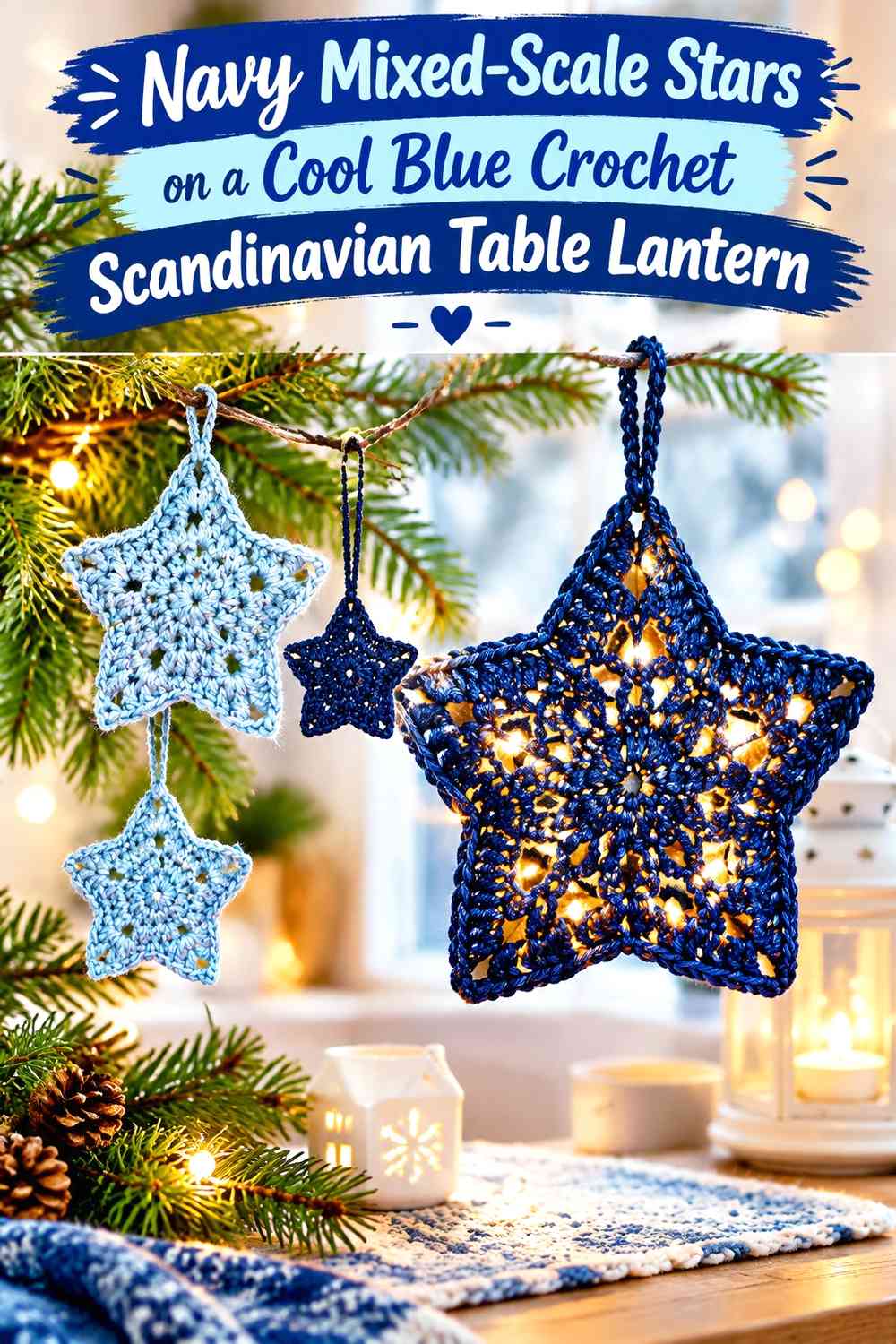 Navy Mixed-Scale Stars on a Cool Blue Crochet Scandinavian Table Lantern