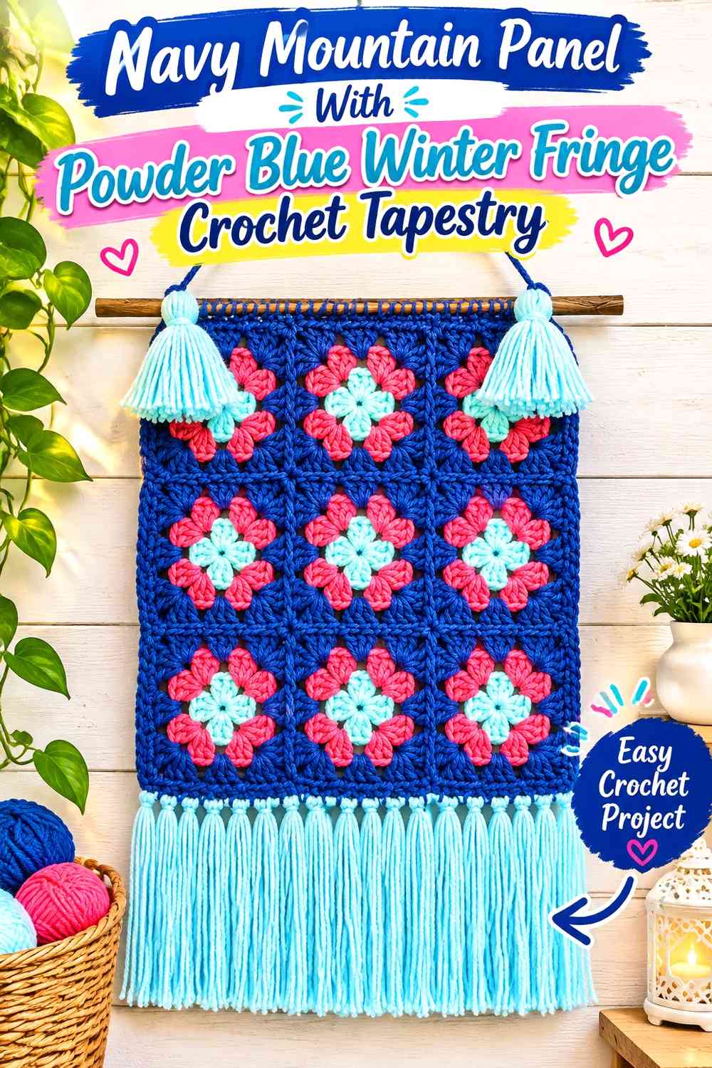 Navy Mountain Panel With Powder Blue Winter Fringe Crochet Tapestry