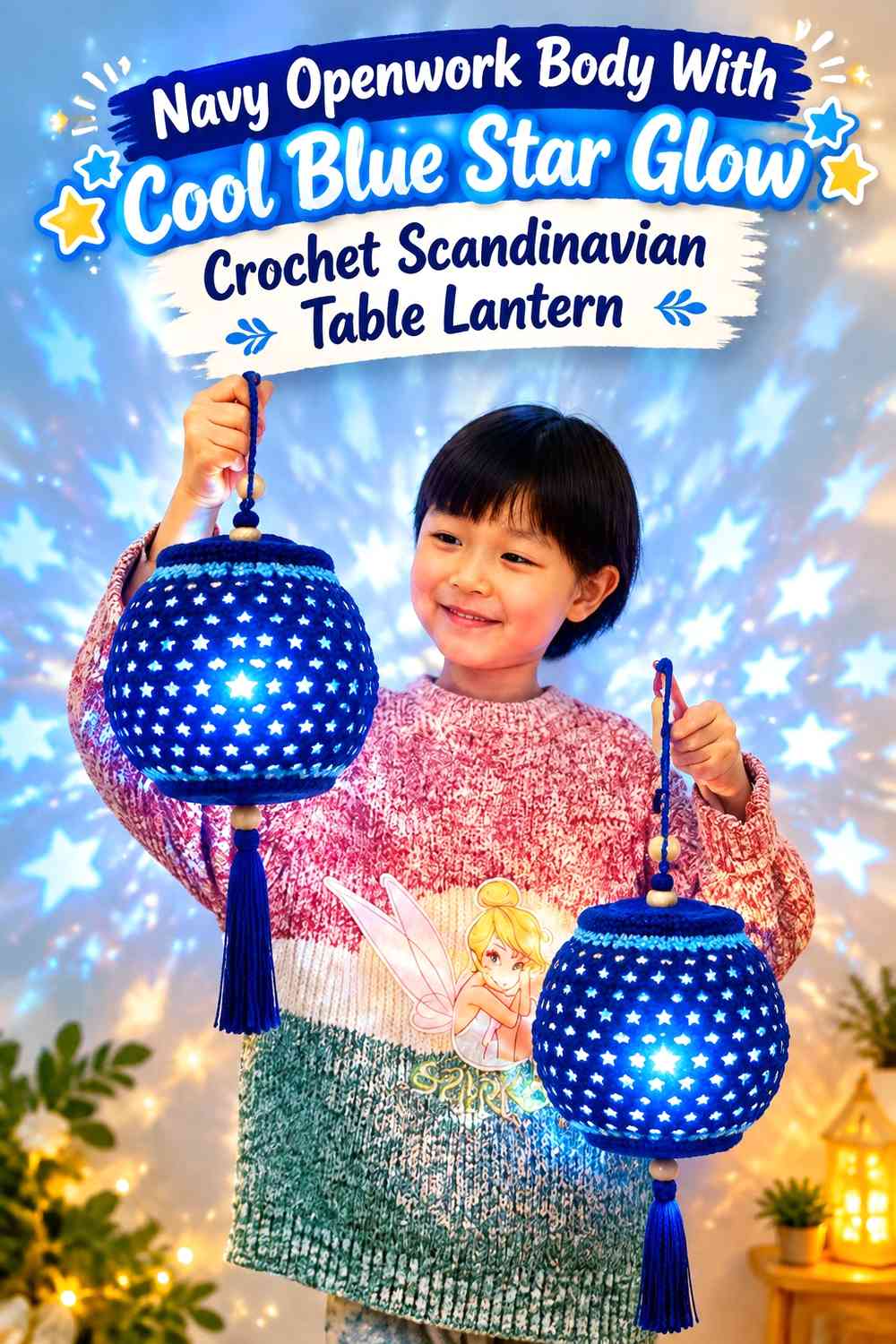 Navy Openwork Body With Cool Blue Star Glow Crochet Scandinavian Table Lantern