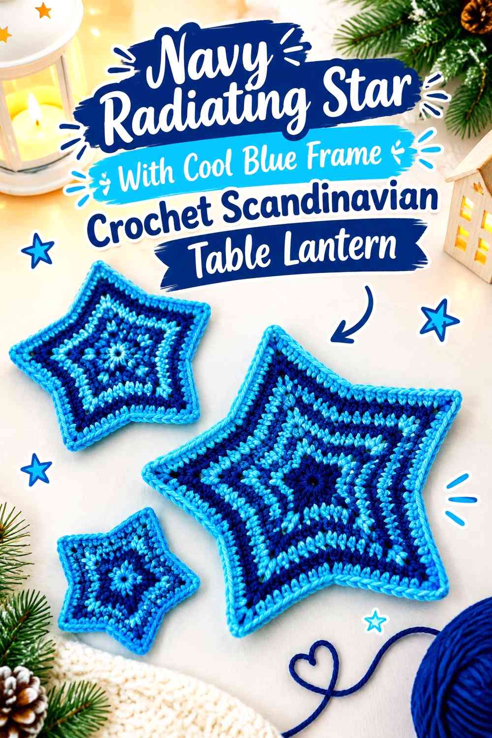 Navy Radiating Star With Cool Blue Frame Crochet Scandinavian Table Lantern