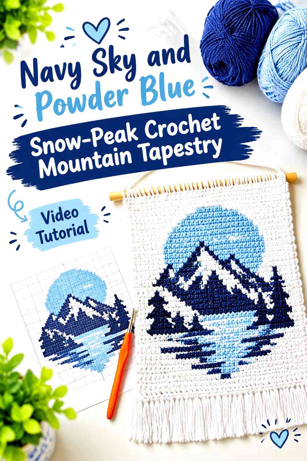 Navy Sky and Powder Blue Snow-Peak Crochet Mountain Tapestry