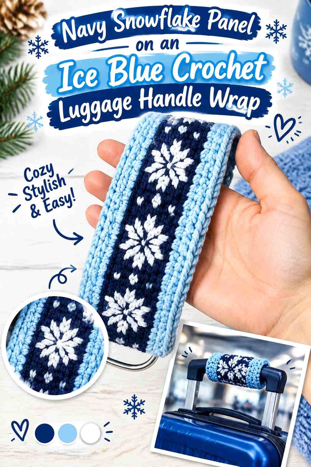 Navy Snowflake Panel on an Ice Blue Crochet Luggage Handle Wrap