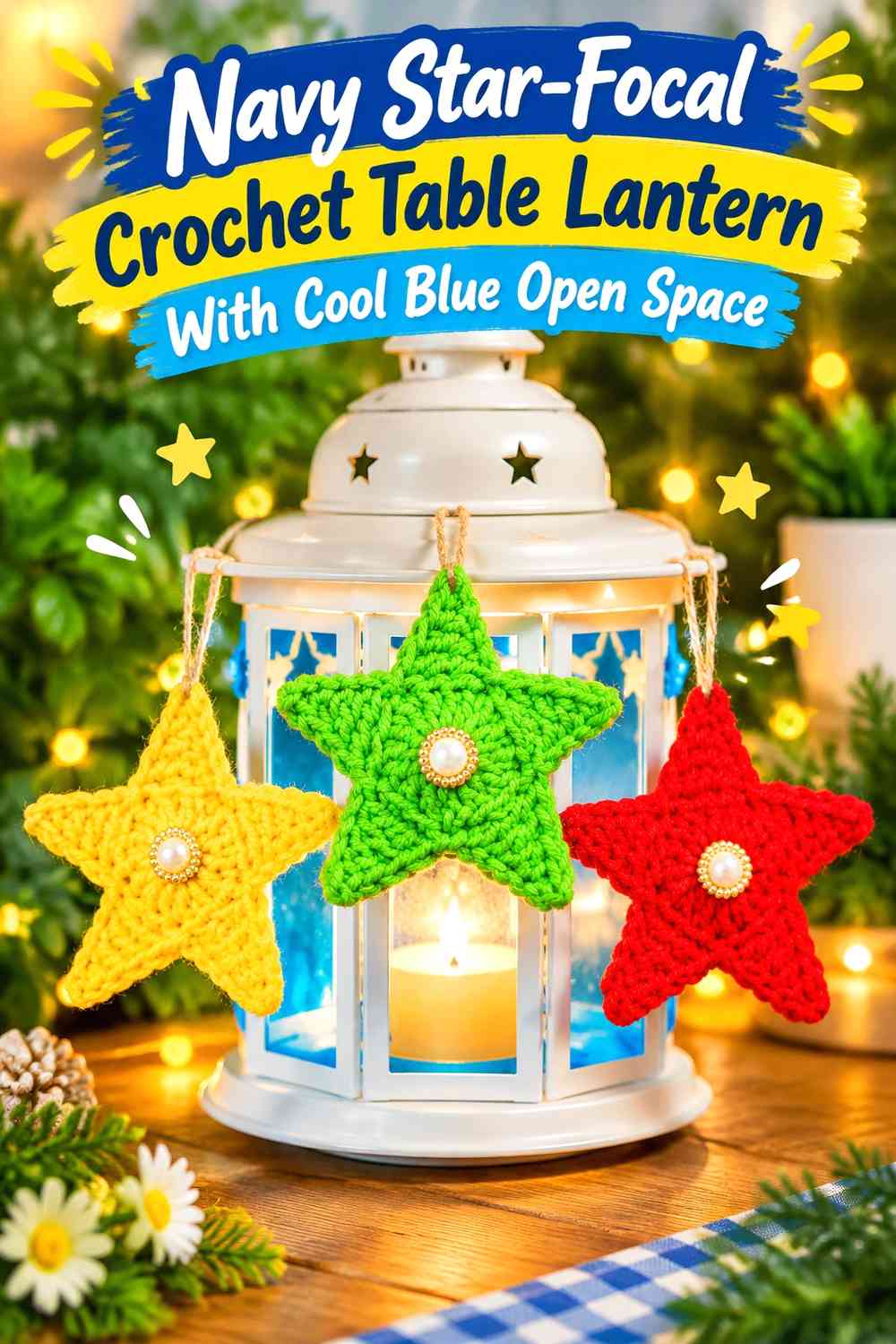 Navy Star-Focal Crochet Table Lantern With Cool Blue Open Space