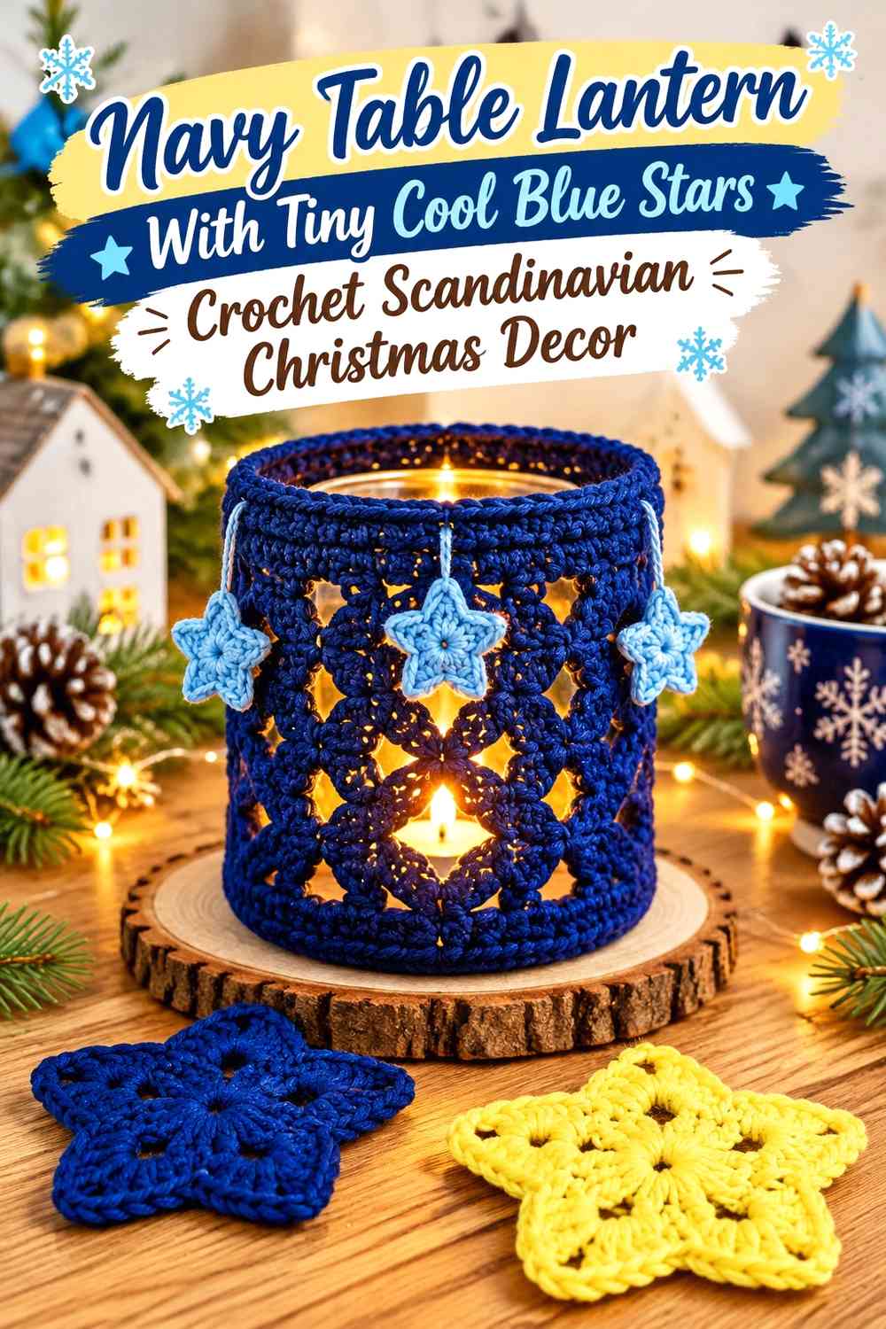 Navy Table Lantern With Tiny Cool Blue Stars Crochet Scandinavian Christmas Decor