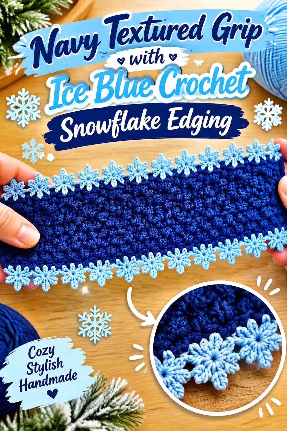 Navy Textured Grip with Ice Blue Crochet Snowflake Edging