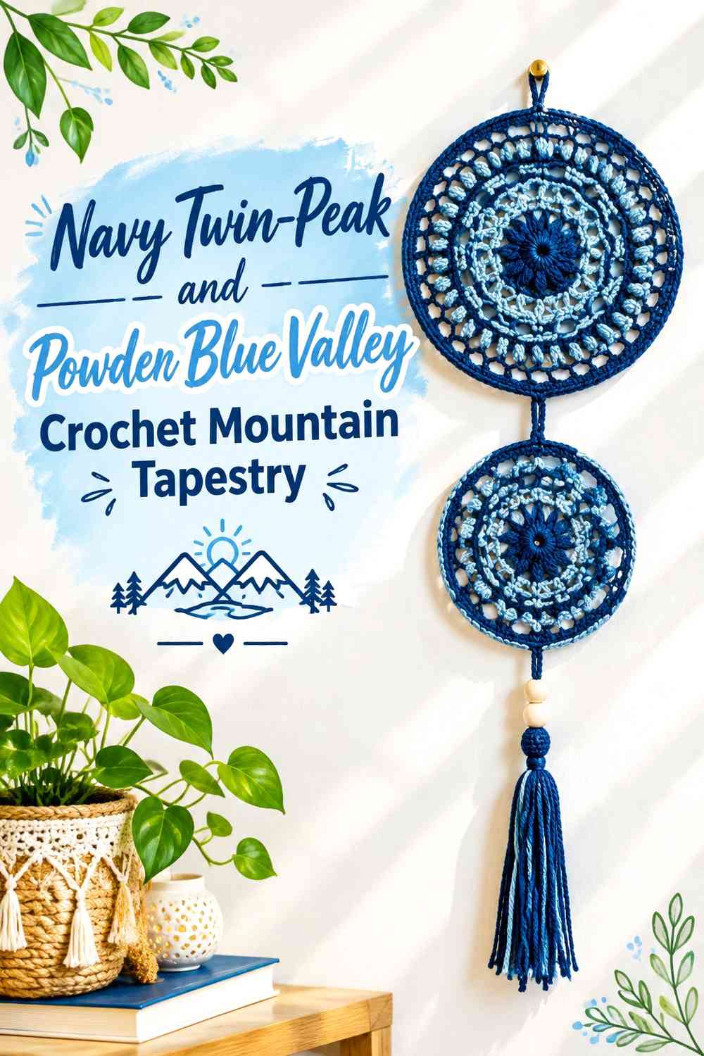 Navy Twin-Peak and Powder Blue Valley Crochet Mountain Tapestry