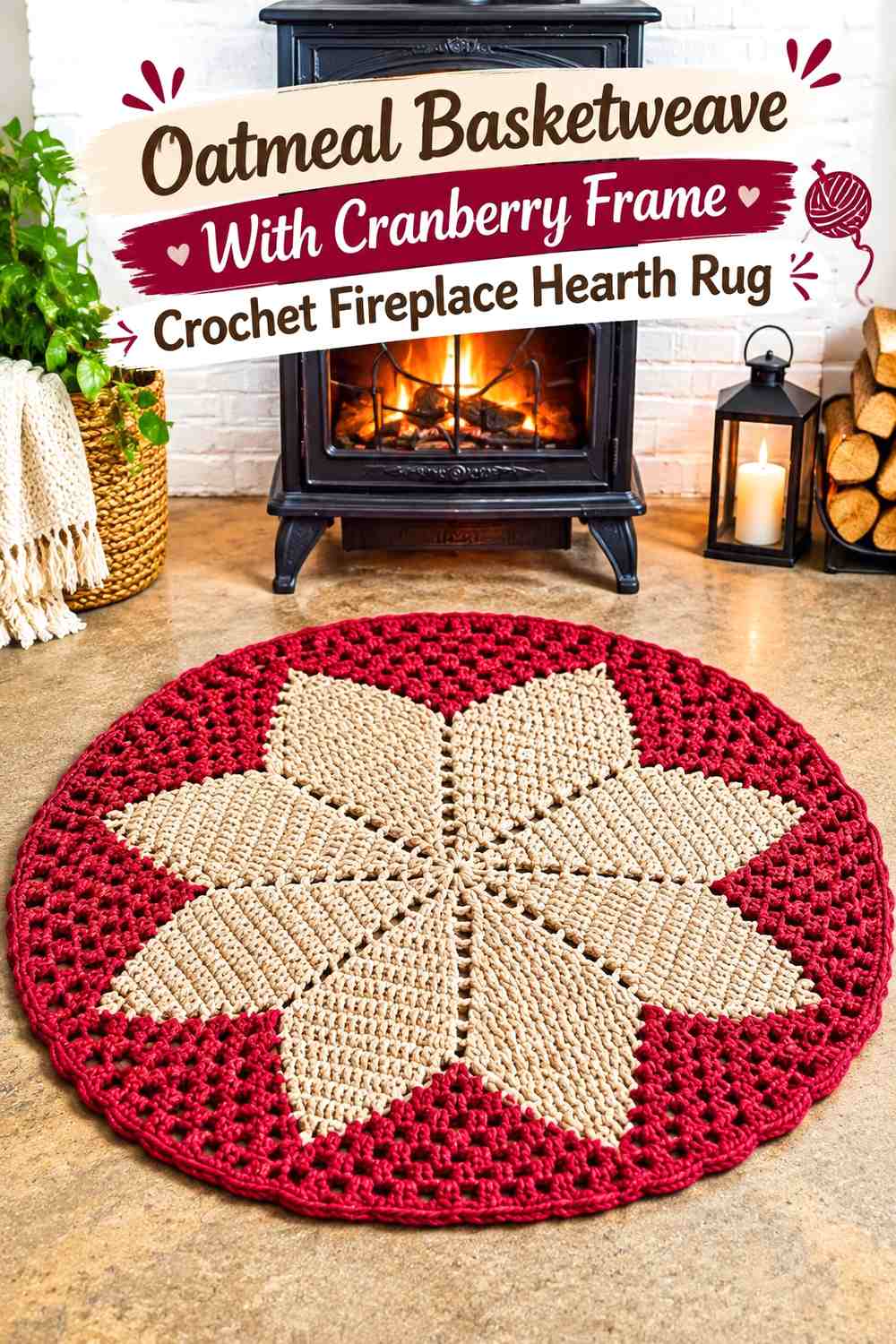 Oatmeal Basketweave With Cranberry Frame Crochet Fireplace Hearth Rug