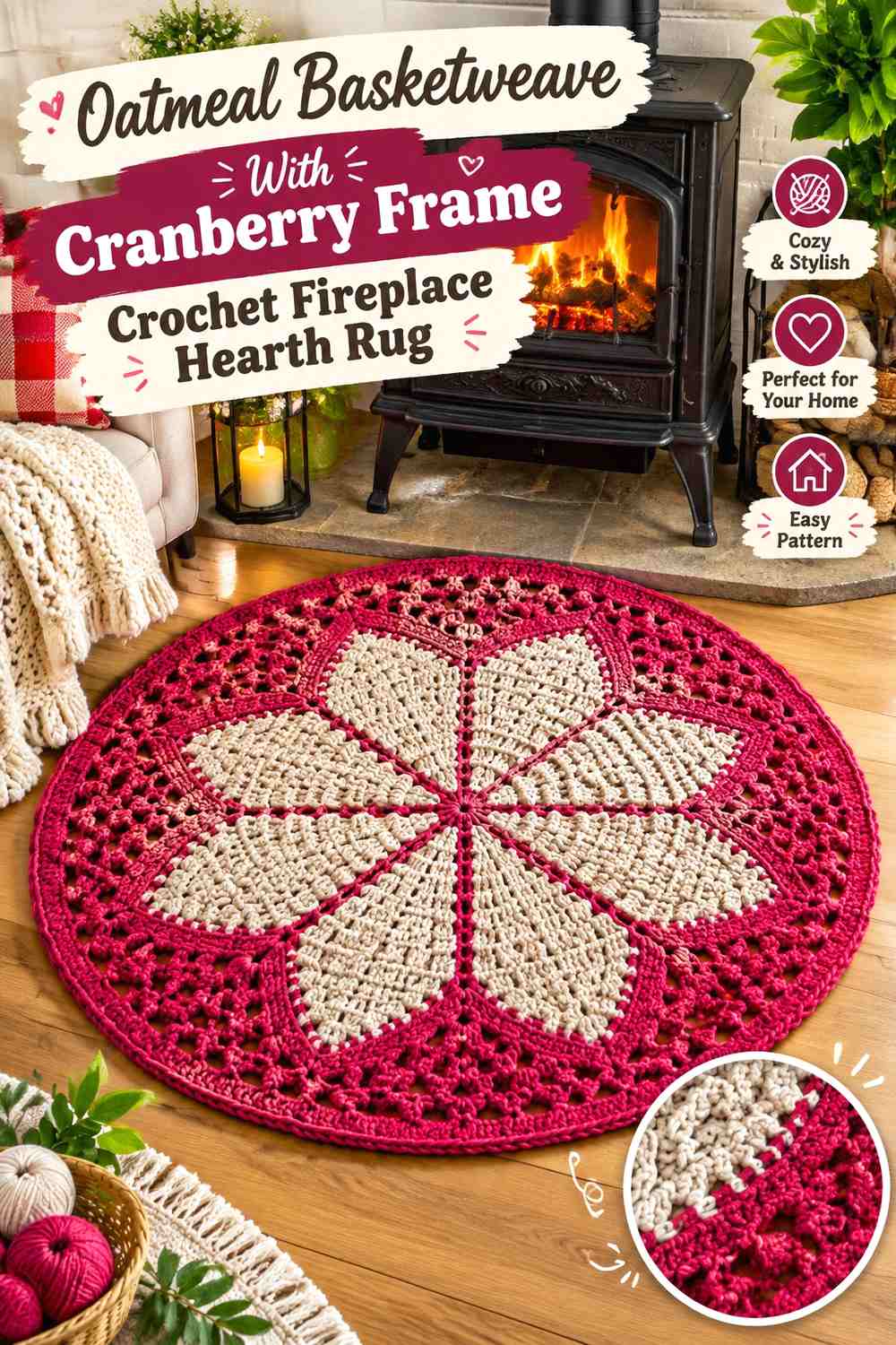 Oatmeal Basketweave With Cranberry Frame Crochet Fireplace Hearth Rug