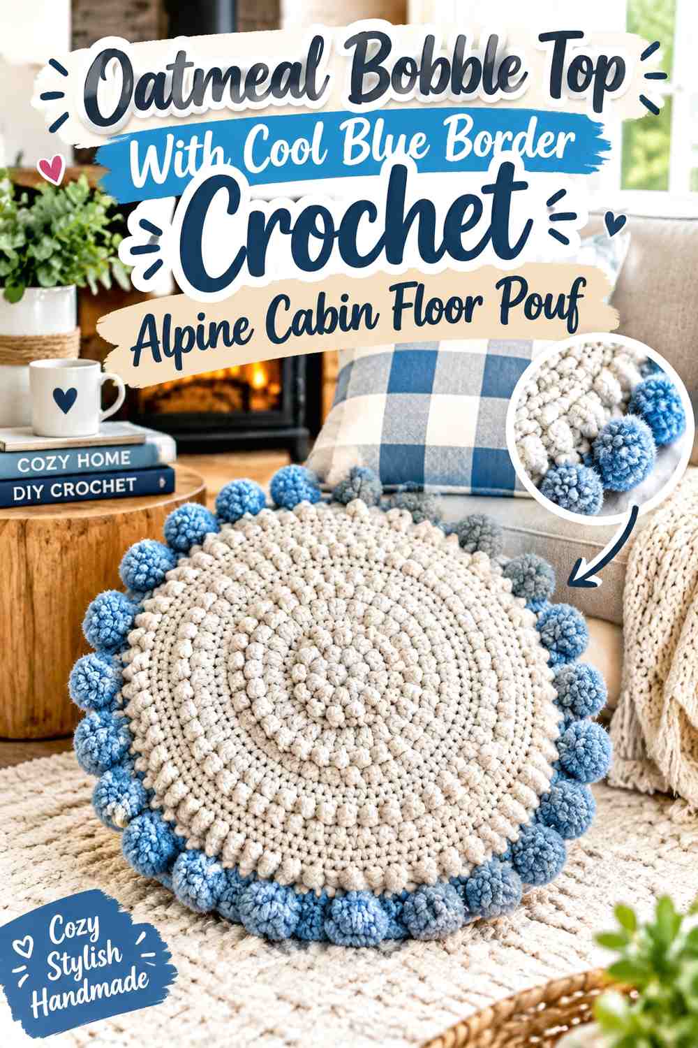 Oatmeal Bobble Top With Cool Blue Border Crochet Alpine Cabin Floor Pouf