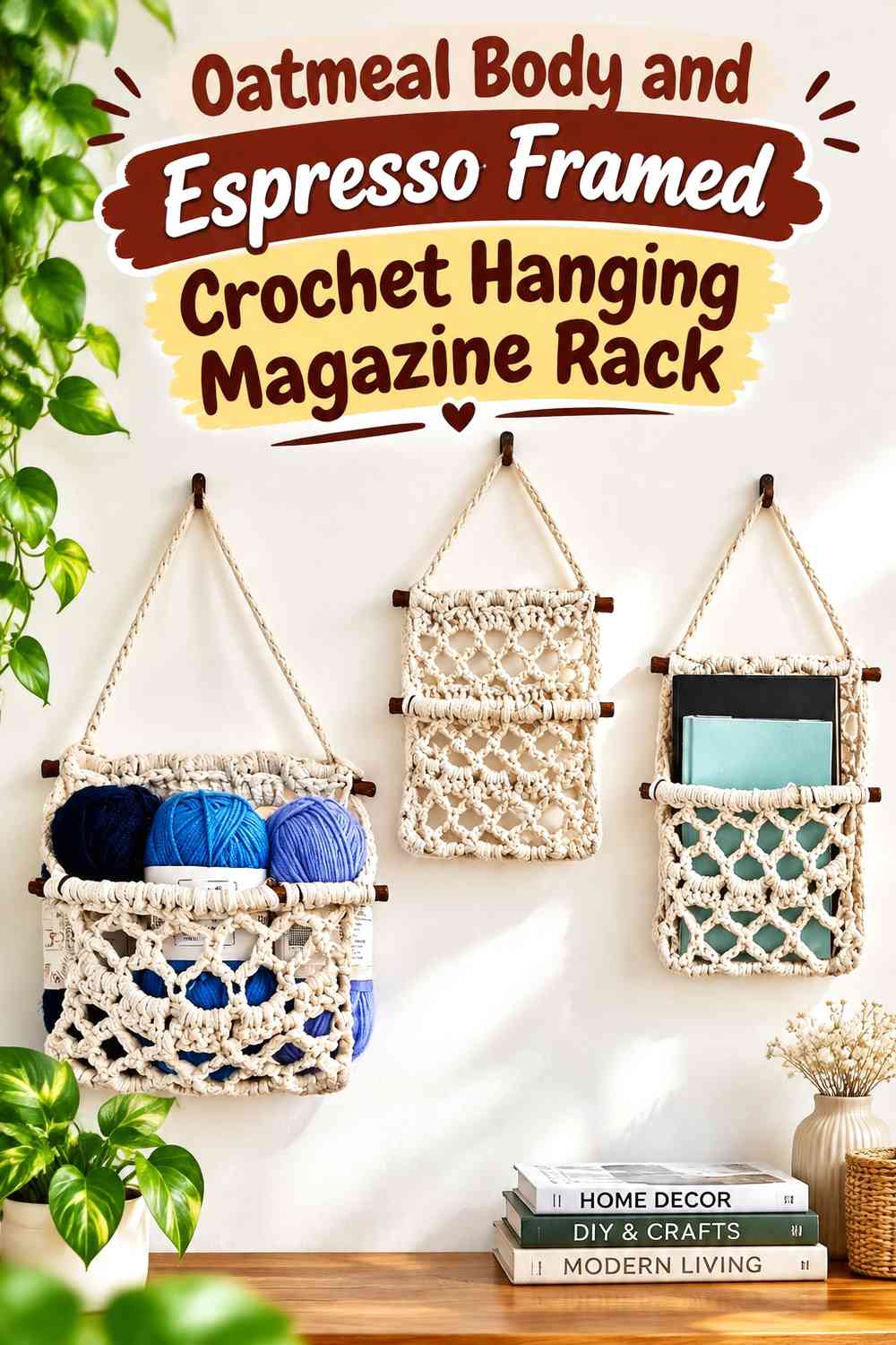 Oatmeal Body and Espresso Framed Crochet Hanging Magazine Rack