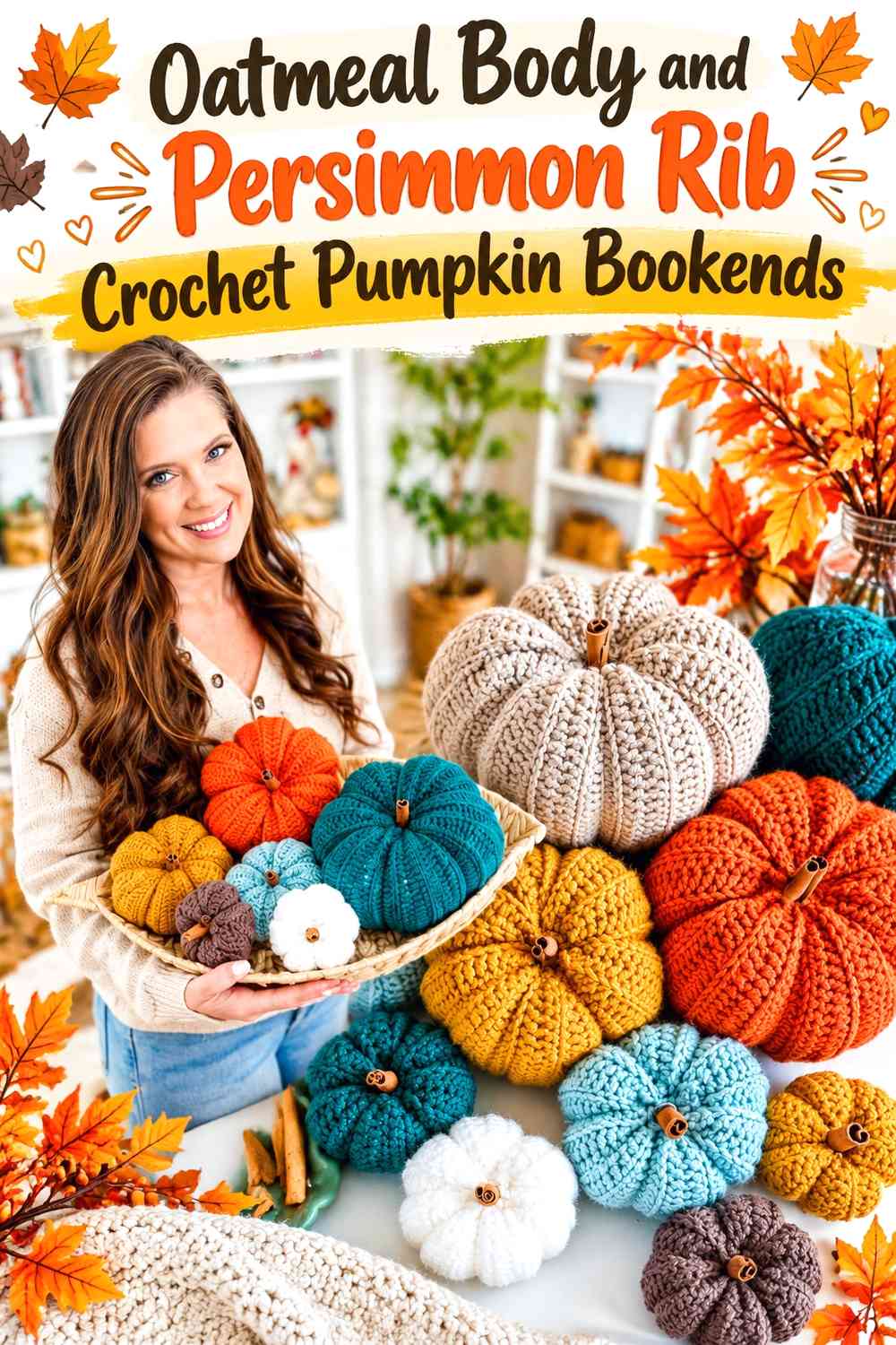 Oatmeal Body and Persimmon Rib Crochet Pumpkin Bookends