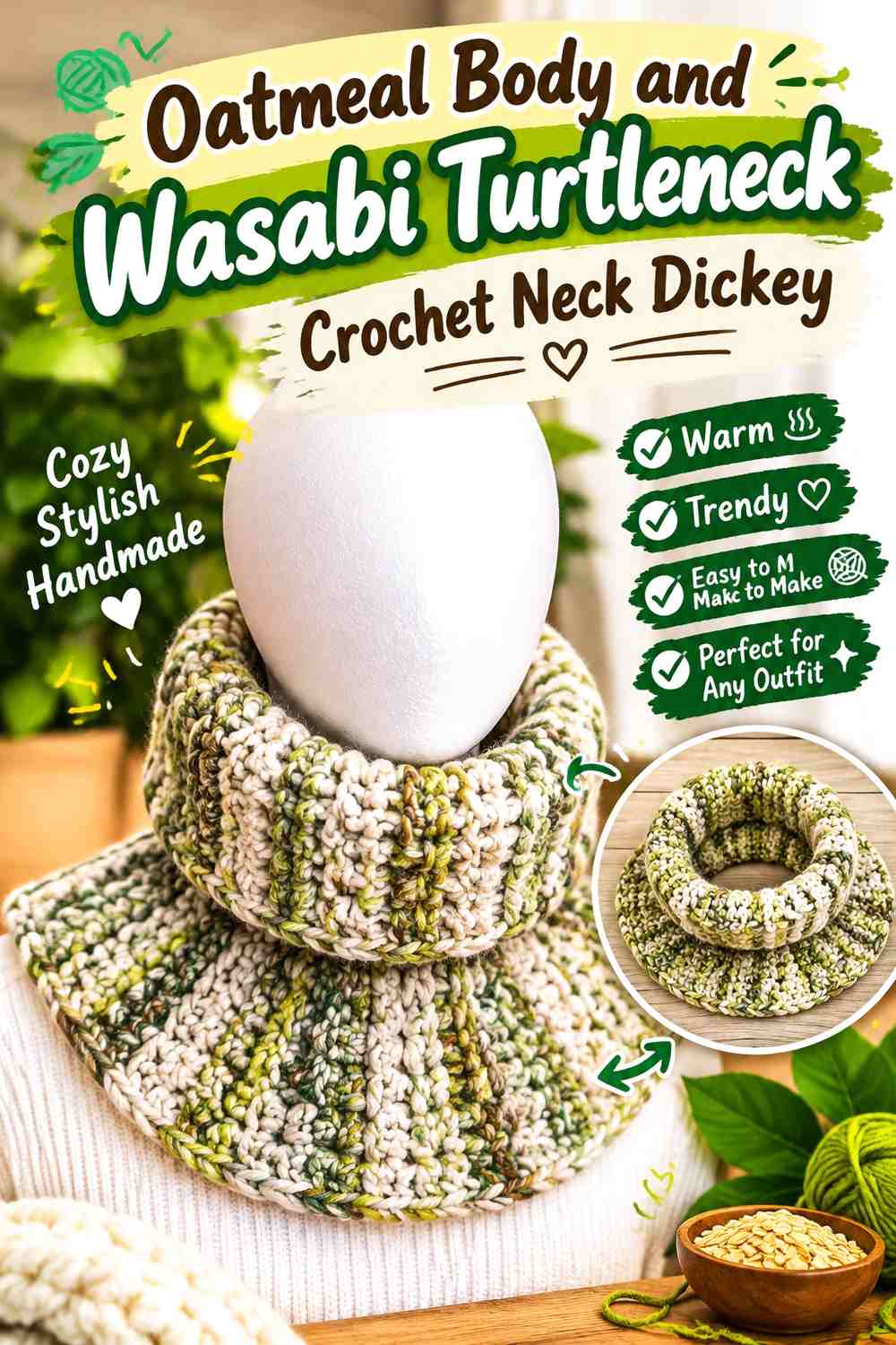 Oatmeal Body and Wasabi Turtleneck Crochet Neck Dickey
