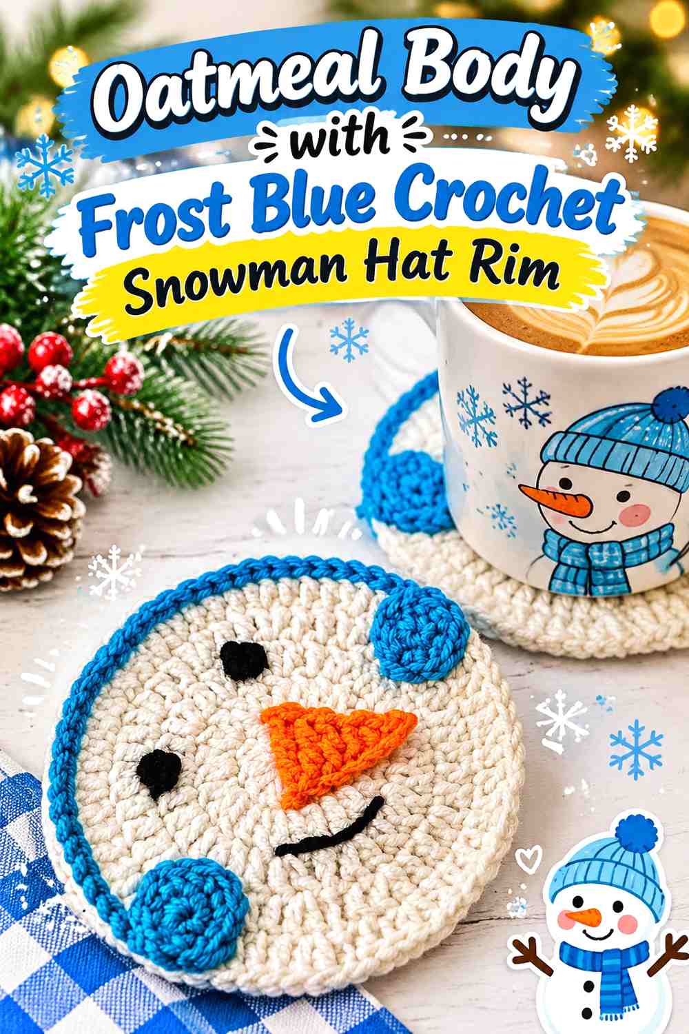Oatmeal Body with Frost Blue Crochet Snowman Hat Rim