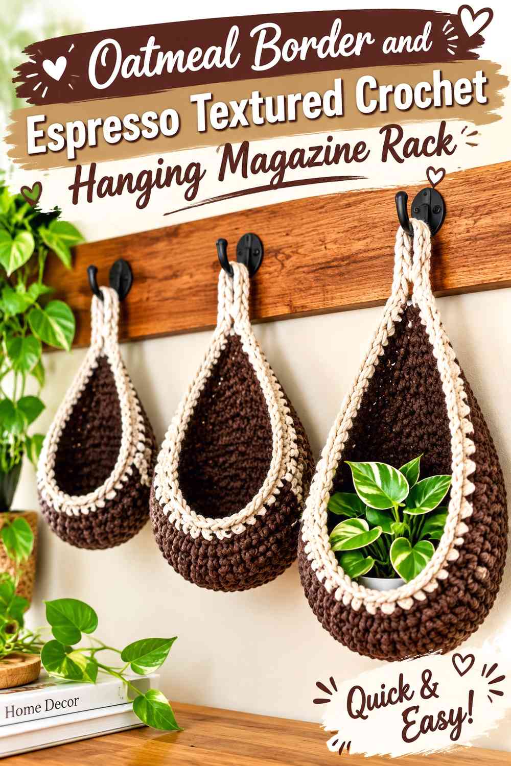 Oatmeal Border and Espresso Textured Crochet Hanging Magazine Rack