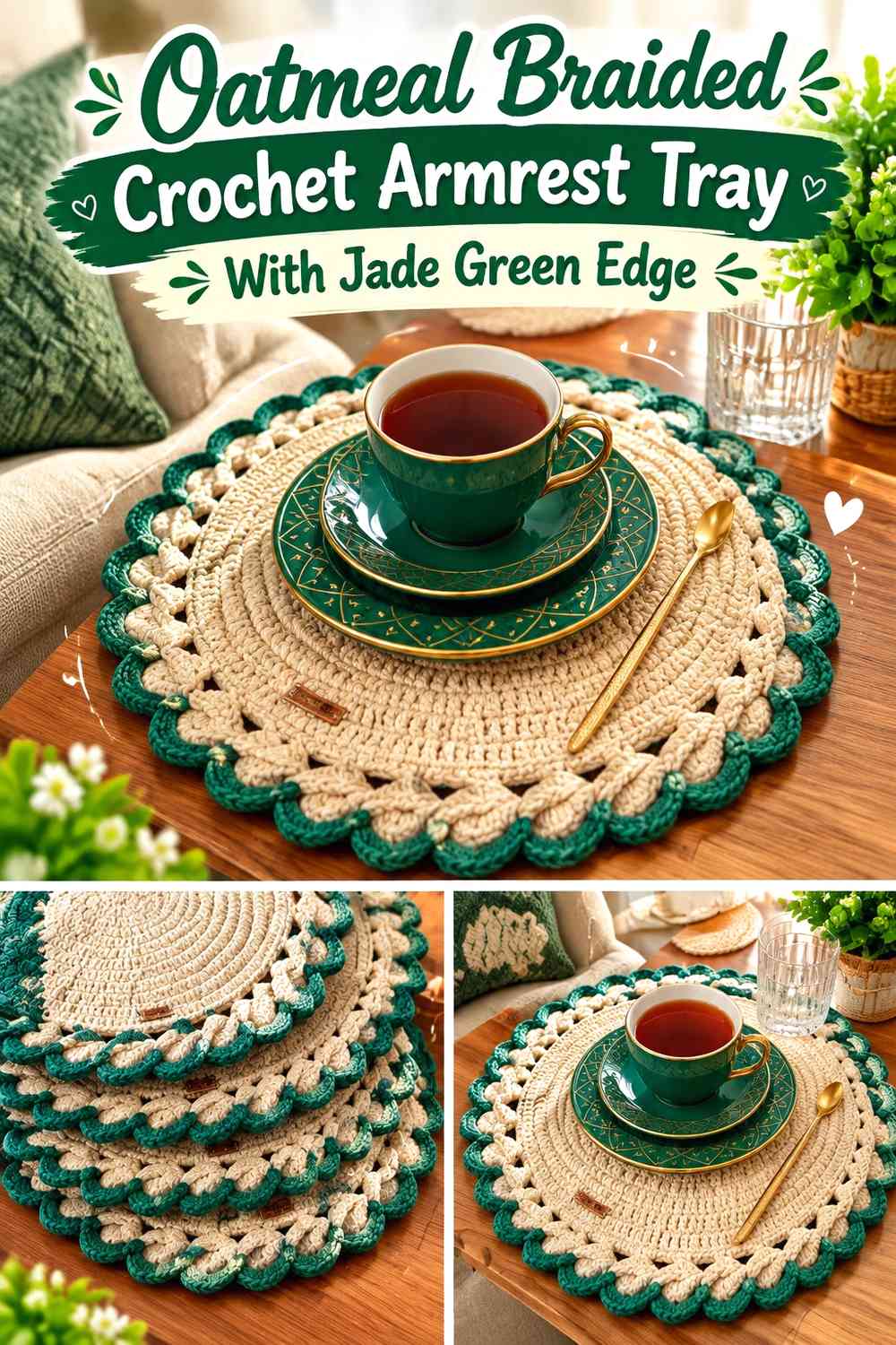 Oatmeal Braided Crochet Armrest Tray With Jade Green Edge